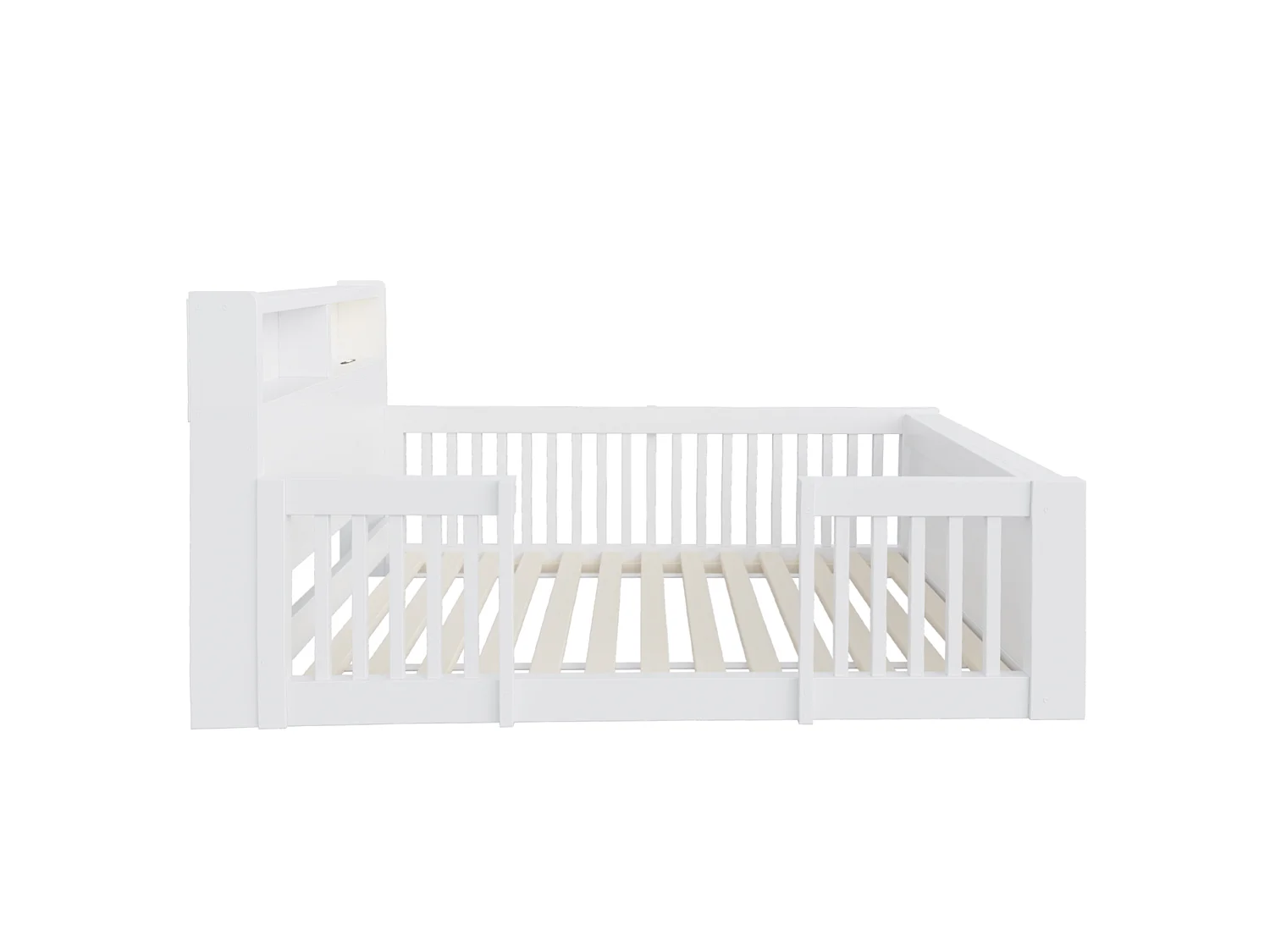 Kinderbed 90 x 190 cm met veiligheidshekje, opbergruimte en USB-poort - Grenenhout + MDF - Wit (Matras niet inbegrepen)