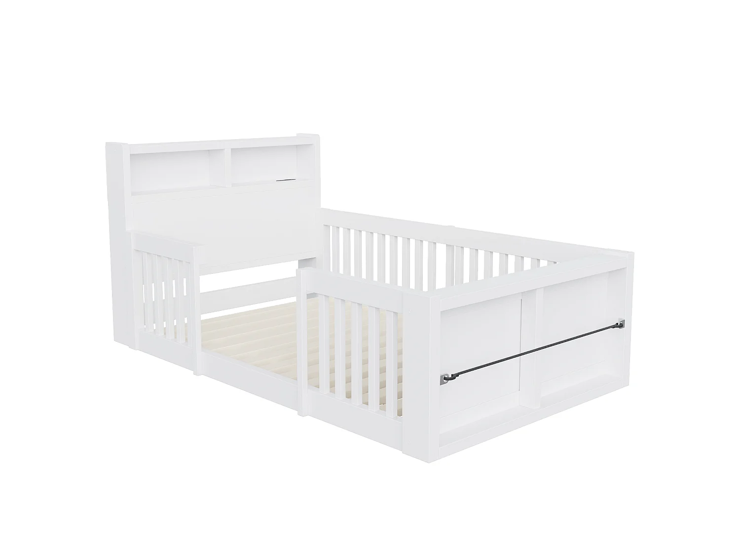 Kinderbed 90 x 190 cm met veiligheidshekje, opbergruimte en USB-poort - Grenenhout + MDF - Wit (Matras niet inbegrepen)
