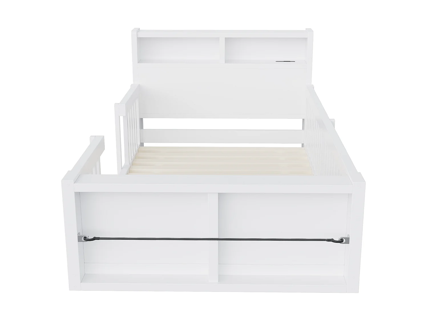 Kinderbed 90 x 190 cm met veiligheidshekje, opbergruimte en USB-poort - Grenenhout + MDF - Wit (Matras niet inbegrepen)