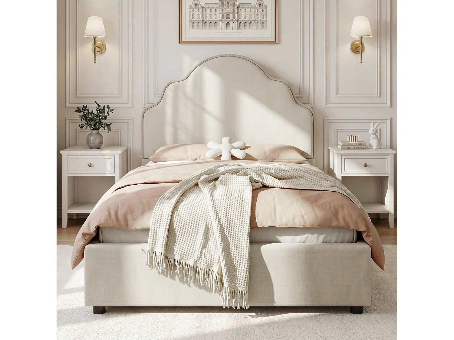 Lit capitonné enfant 90 x 200 cm avec tête de lit nuage et bords arrondis - Lin - 213,5 x 98,5 x 100 cm - Beige (Sans matelas)