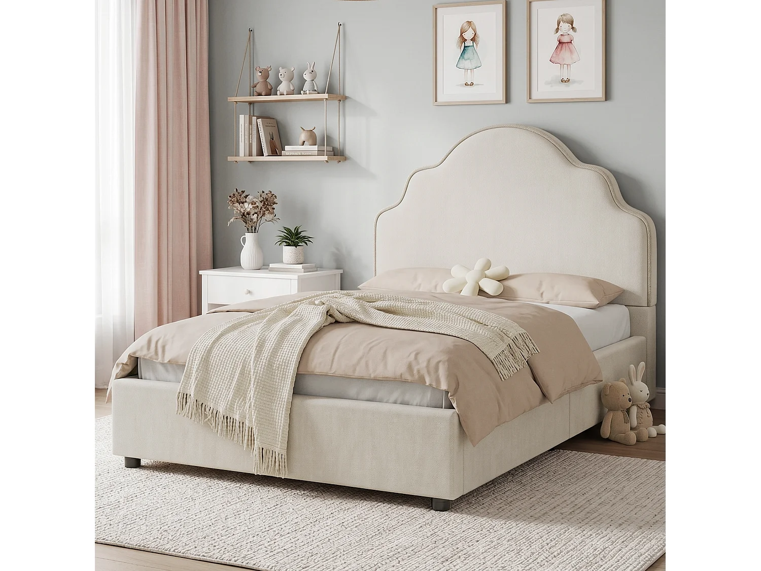 Lit capitonné enfant 90 x 200 cm avec tête de lit nuage et bords arrondis - Lin - 213,5 x 98,5 x 100 cm - Beige (Sans matelas)