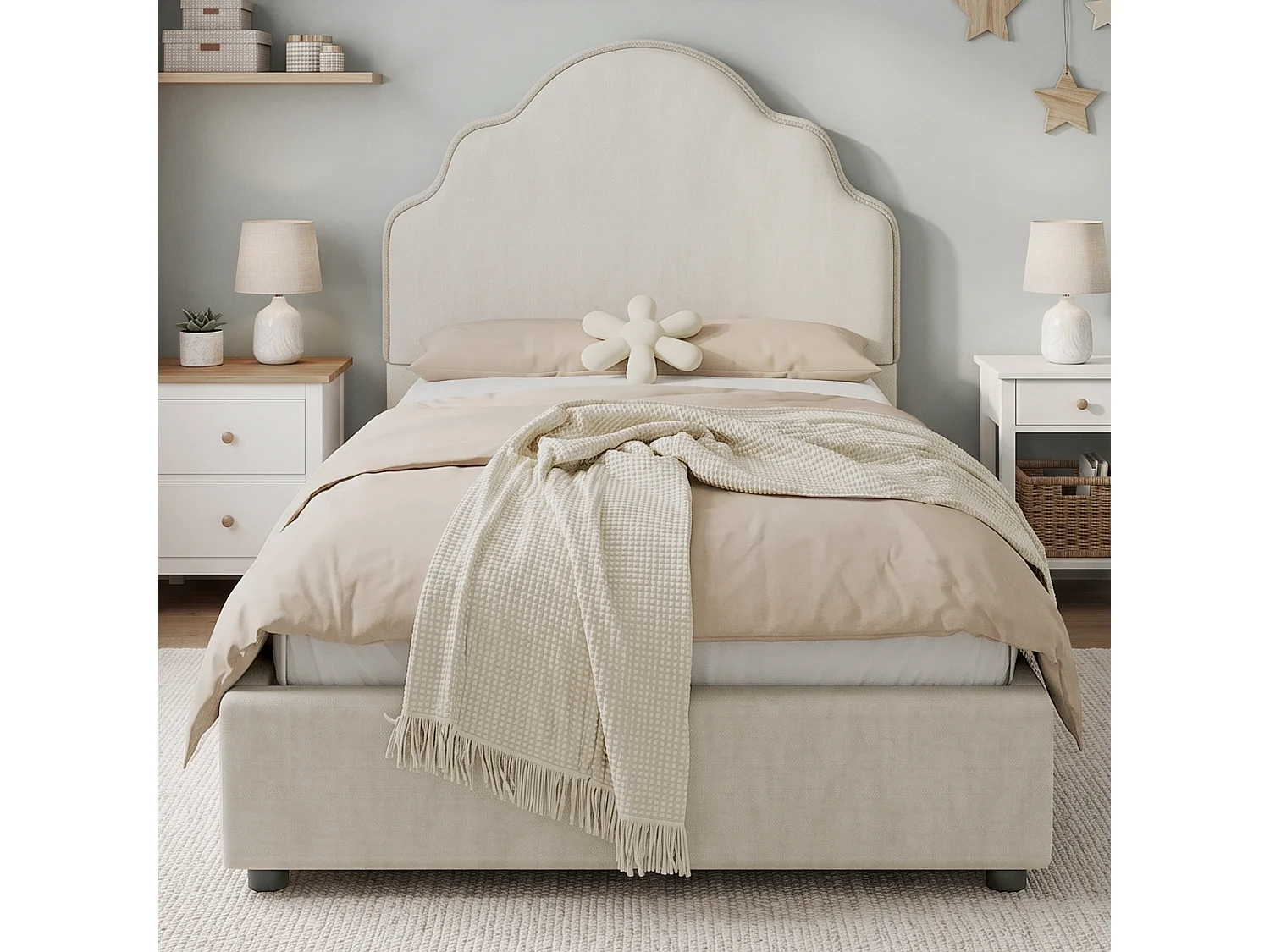 Lit capitonné enfant 90 x 200 cm avec tête de lit nuage et bords arrondis - Lin - 213,5 x 98,5 x 100 cm - Beige (Sans matelas)