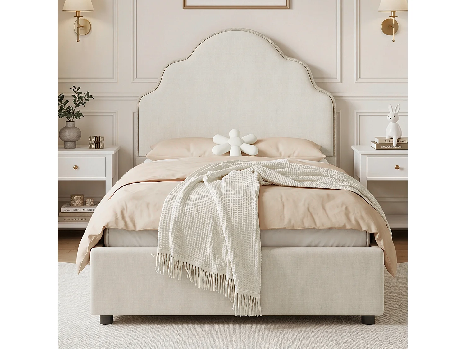 Lit capitonné enfant 90 x 200 cm avec tête de lit nuage et bords arrondis - Lin - 213,5 x 98,5 x 100 cm - Beige (Sans matelas)