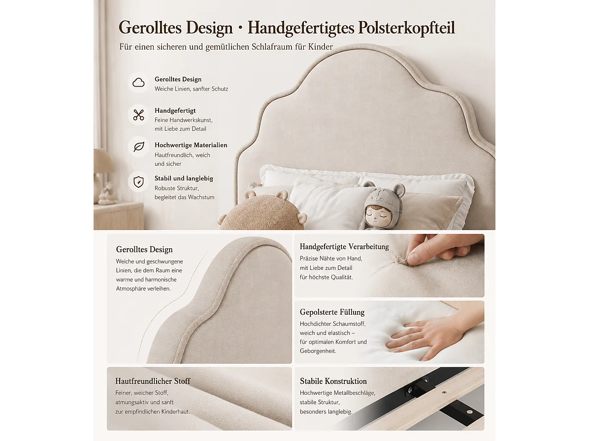 Lit capitonné enfant 90 x 200 cm avec tête de lit nuage et bords arrondis - Lin - 213,5 x 98,5 x 100 cm - Beige (Sans matelas)