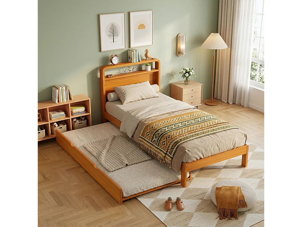 Trundle bed 90 x 200 cm + 90 x 190 cm - Reversible left/right extra bed - Pine + plywood - Natural (Mattress not included)