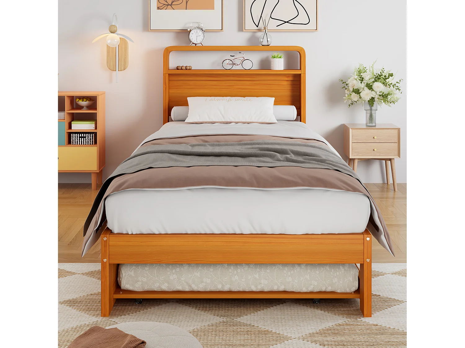 Trundle bed 90 x 200 cm + 90 x 190 cm - Reversible left/right extra bed - Pine + plywood - Natural (Mattress not included)