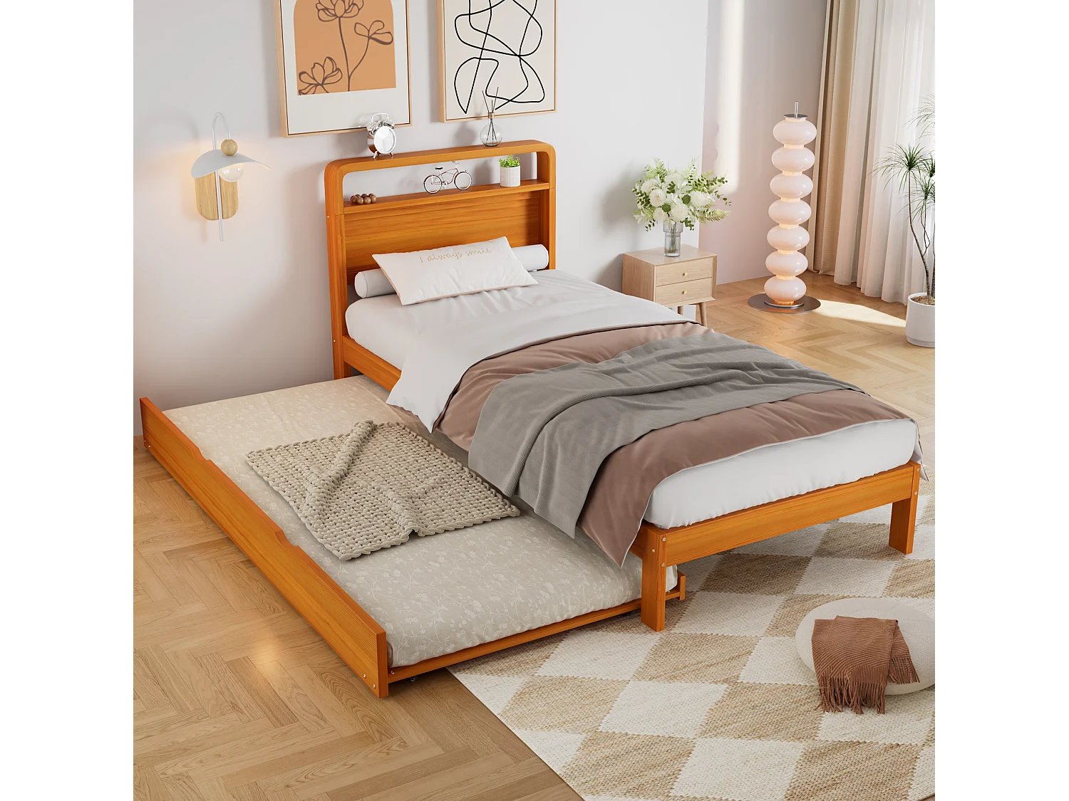 Trundle bed 90 x 200 cm + 90 x 190 cm - Reversible left/right extra bed - Pine + plywood - Natural (Mattress not included)