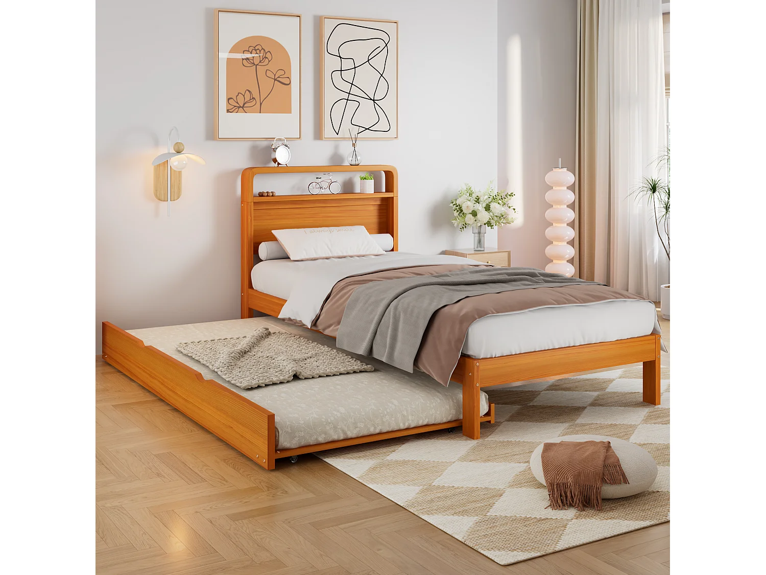 Trundle bed 90 x 200 cm + 90 x 190 cm - Reversible left/right extra bed - Pine + plywood - Natural (Mattress not included)