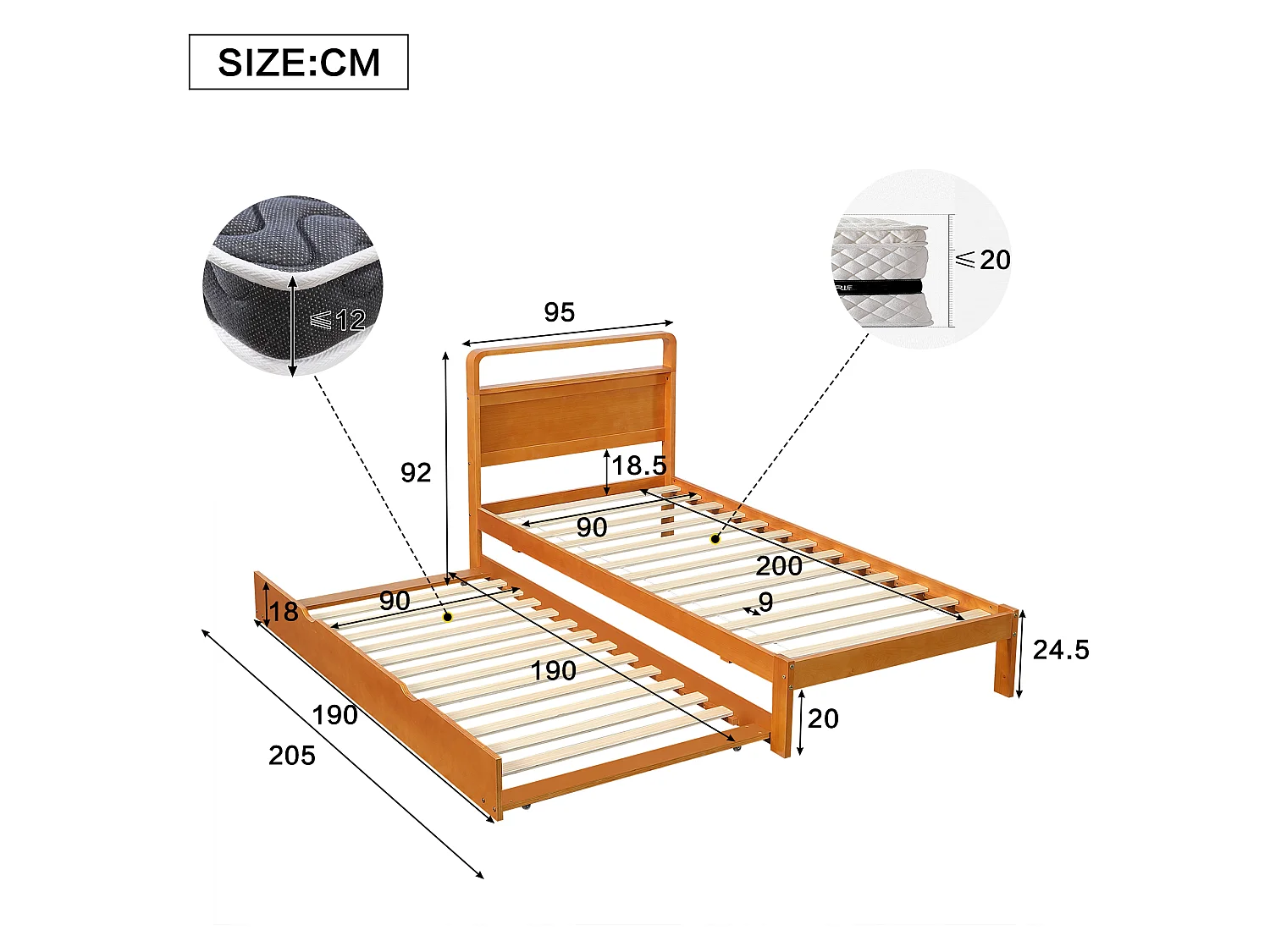 Trundle bed 90 x 200 cm + 90 x 190 cm - Reversible left/right extra bed - Pine + plywood - Natural (Mattress not included)