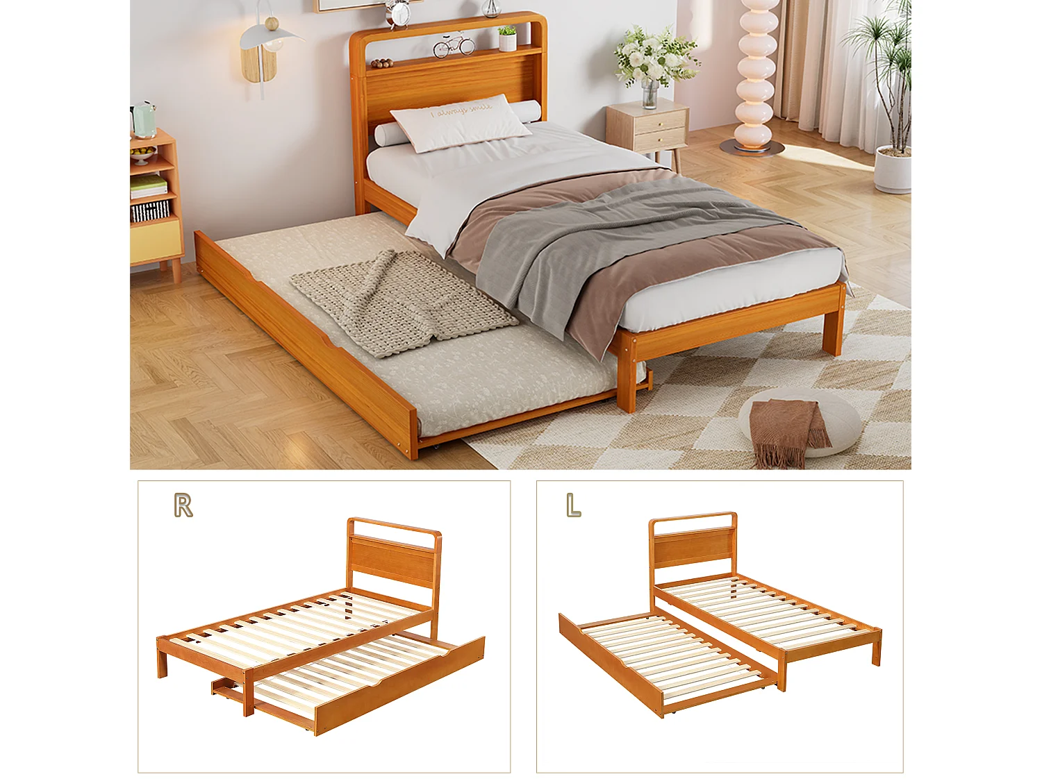 Trundle bed 90 x 200 cm + 90 x 190 cm - Reversible left/right extra bed - Pine + plywood - Natural (Mattress not included)