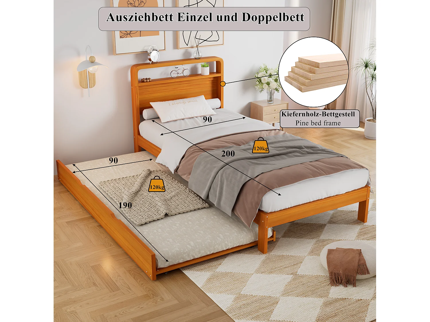 Trundle bed 90 x 200 cm + 90 x 190 cm - Reversible left/right extra bed - Pine + plywood - Natural (Mattress not included)