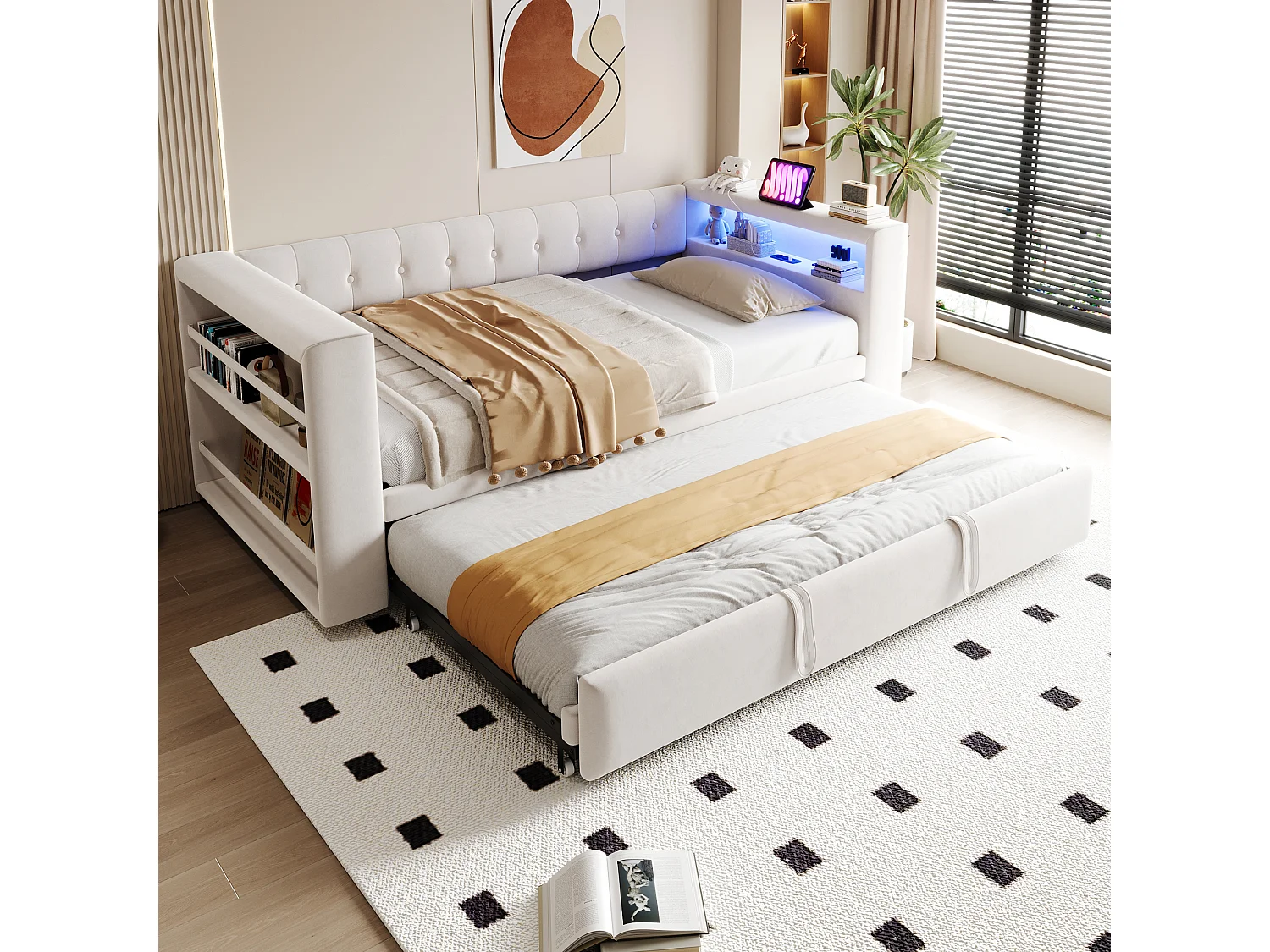 Letto estraibile 90/180 x 190 cm con vano contenitore - Tessuto in flanella - Illuminazione a LED e prese elettriche - Beige (Materasso non incluso)