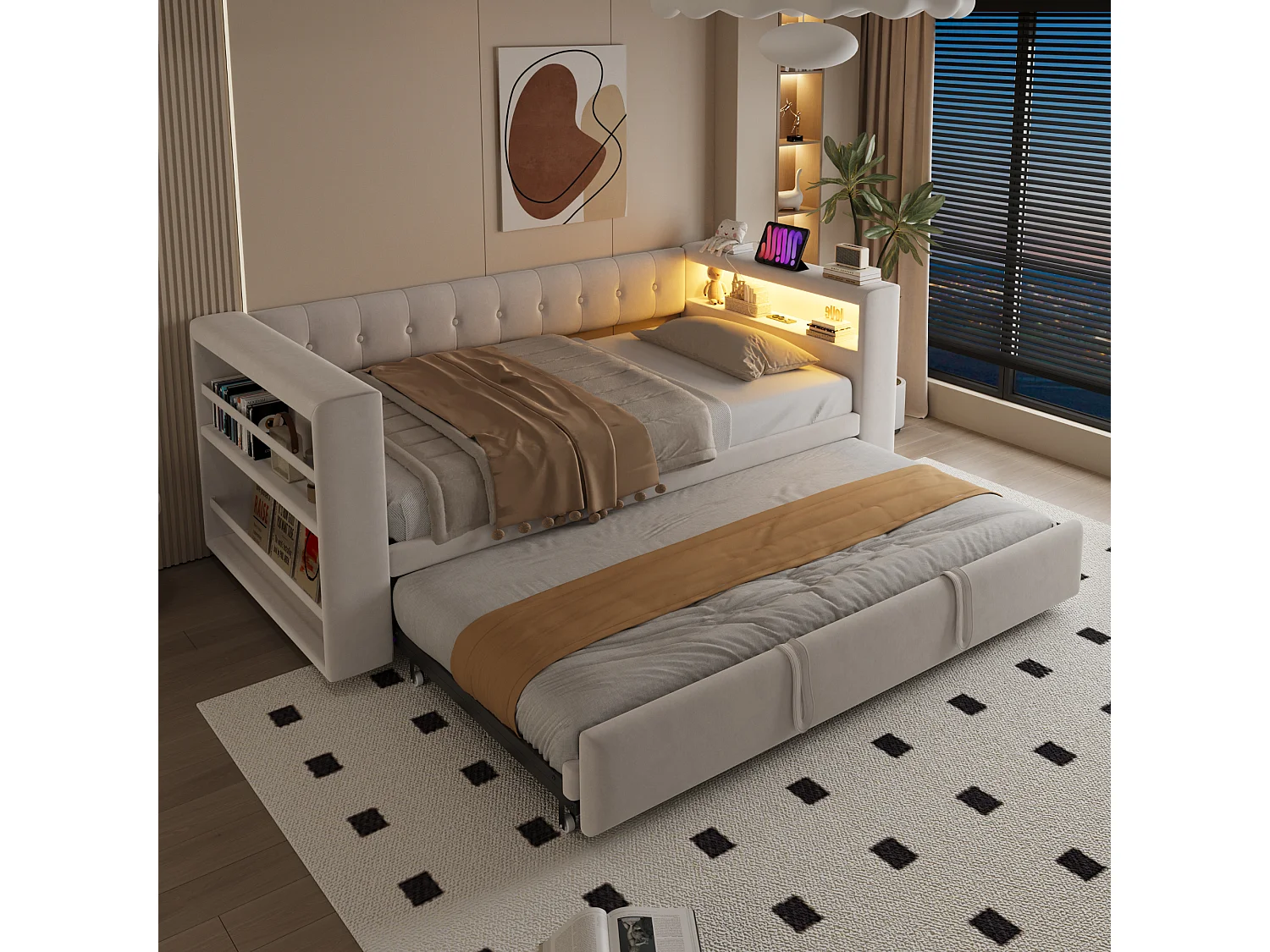 Letto estraibile 90/180 x 190 cm con vano contenitore - Tessuto in flanella - Illuminazione a LED e prese elettriche - Beige (Materasso non incluso)