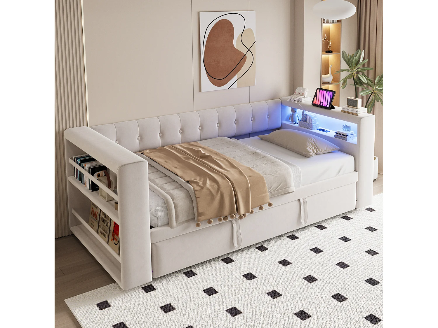 Letto estraibile 90/180 x 190 cm con vano contenitore - Tessuto in flanella - Illuminazione a LED e prese elettriche - Beige (Materasso non incluso)