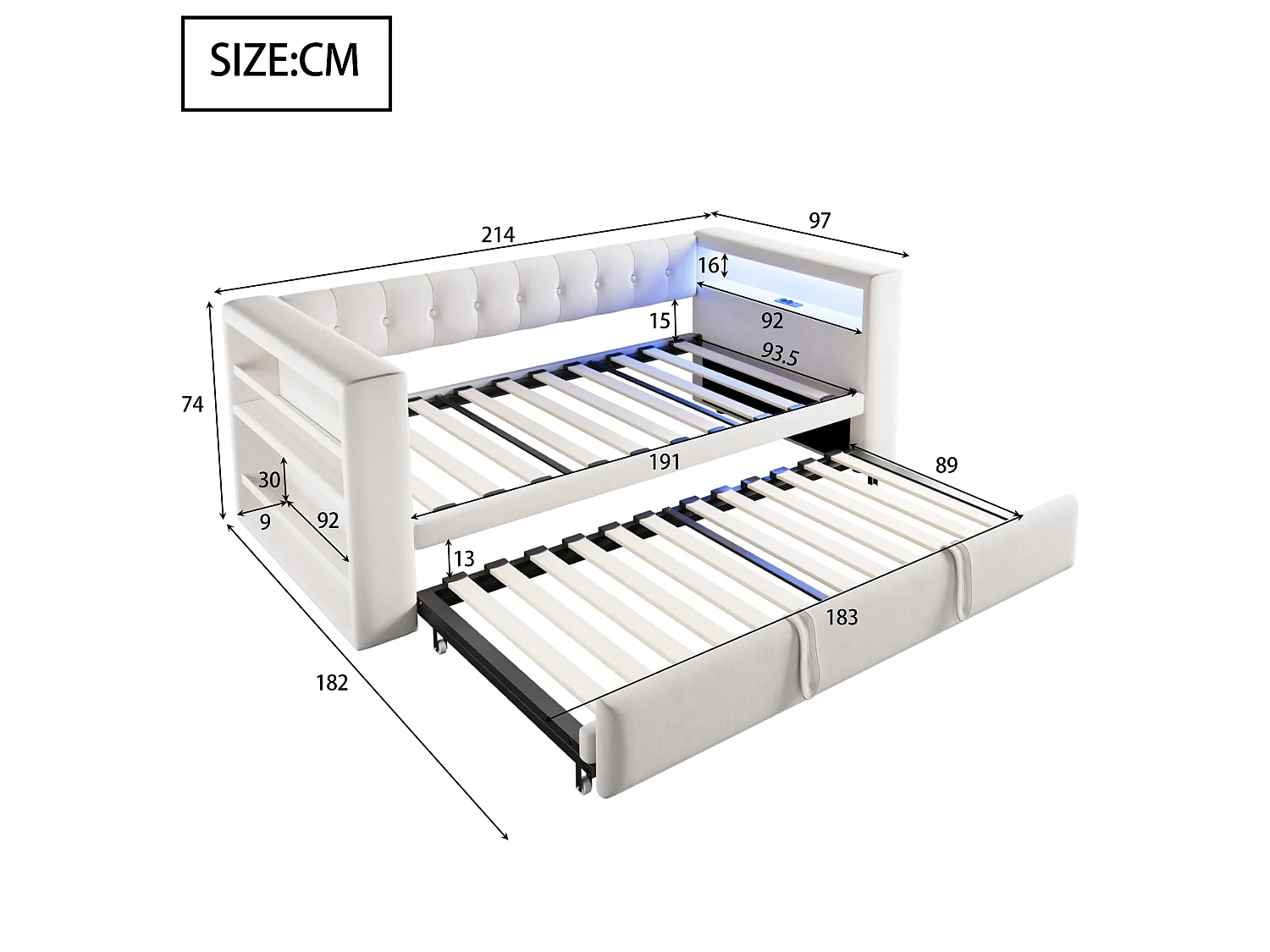 Letto estraibile 90/180 x 190 cm con vano contenitore - Tessuto in flanella - Illuminazione a LED e prese elettriche - Beige (Materasso non incluso)
