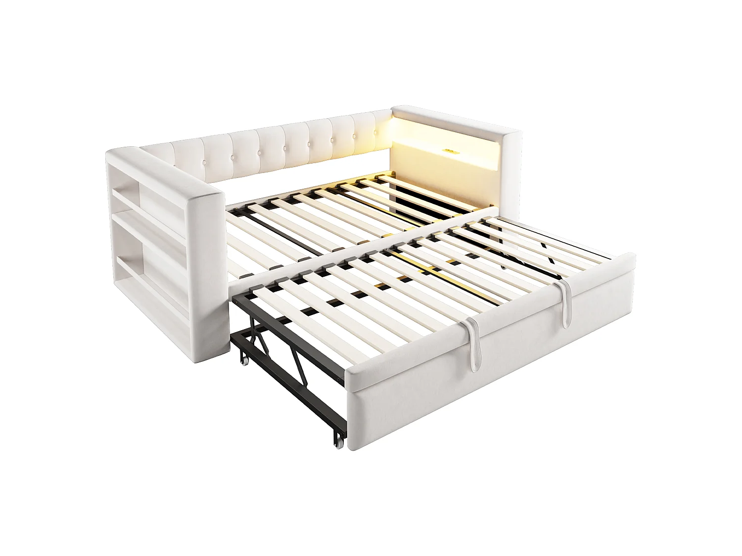 Letto estraibile 90/180 x 190 cm con vano contenitore - Tessuto in flanella - Illuminazione a LED e prese elettriche - Beige (Materasso non incluso)