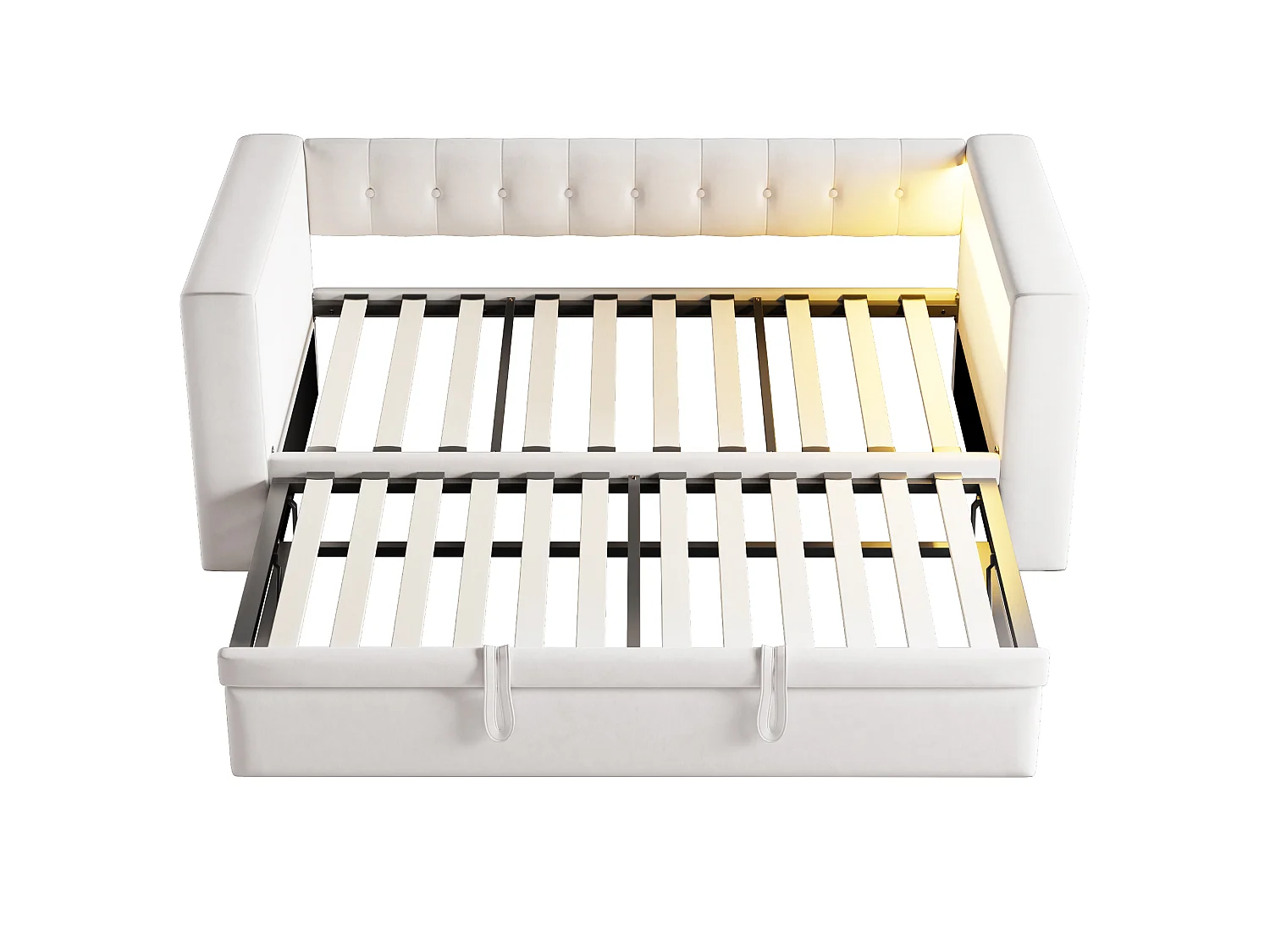 Letto estraibile 90/180 x 190 cm con vano contenitore - Tessuto in flanella - Illuminazione a LED e prese elettriche - Beige (Materasso non incluso)