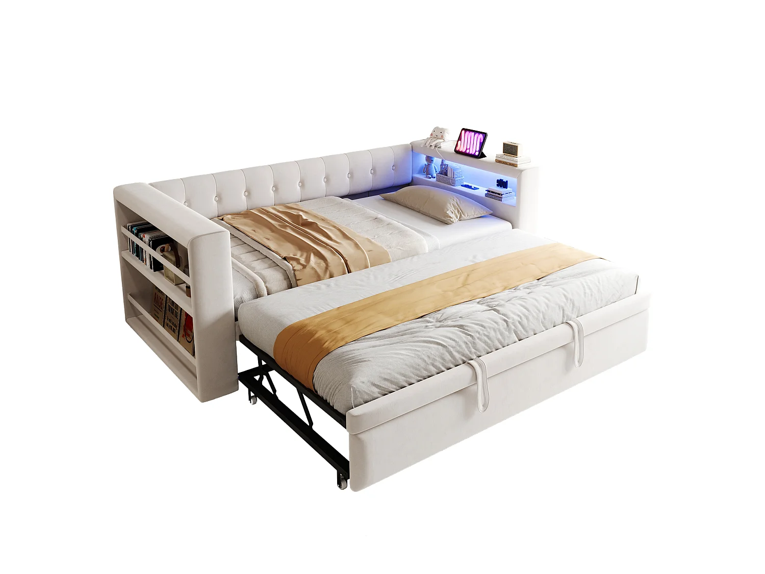 Letto estraibile 90/180 x 190 cm con vano contenitore - Tessuto in flanella - Illuminazione a LED e prese elettriche - Beige (Materasso non incluso)
