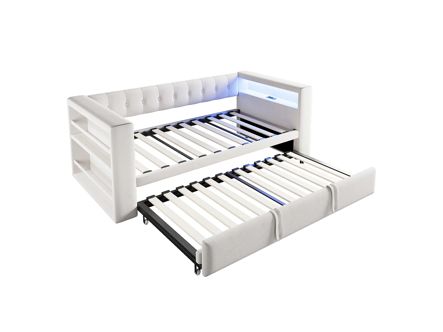 Letto estraibile 90/180 x 190 cm con vano contenitore - Tessuto in flanella - Illuminazione a LED e prese elettriche - Beige (Materasso non incluso)