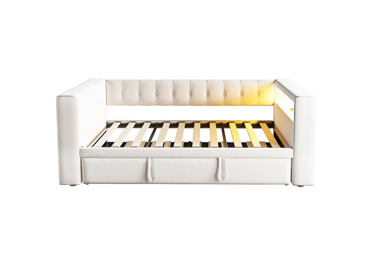 Letto estraibile 90/180 x 190 cm con vano contenitore - Tessuto in flanella - Illuminazione a LED e prese elettriche - Beige (Materasso non incluso)