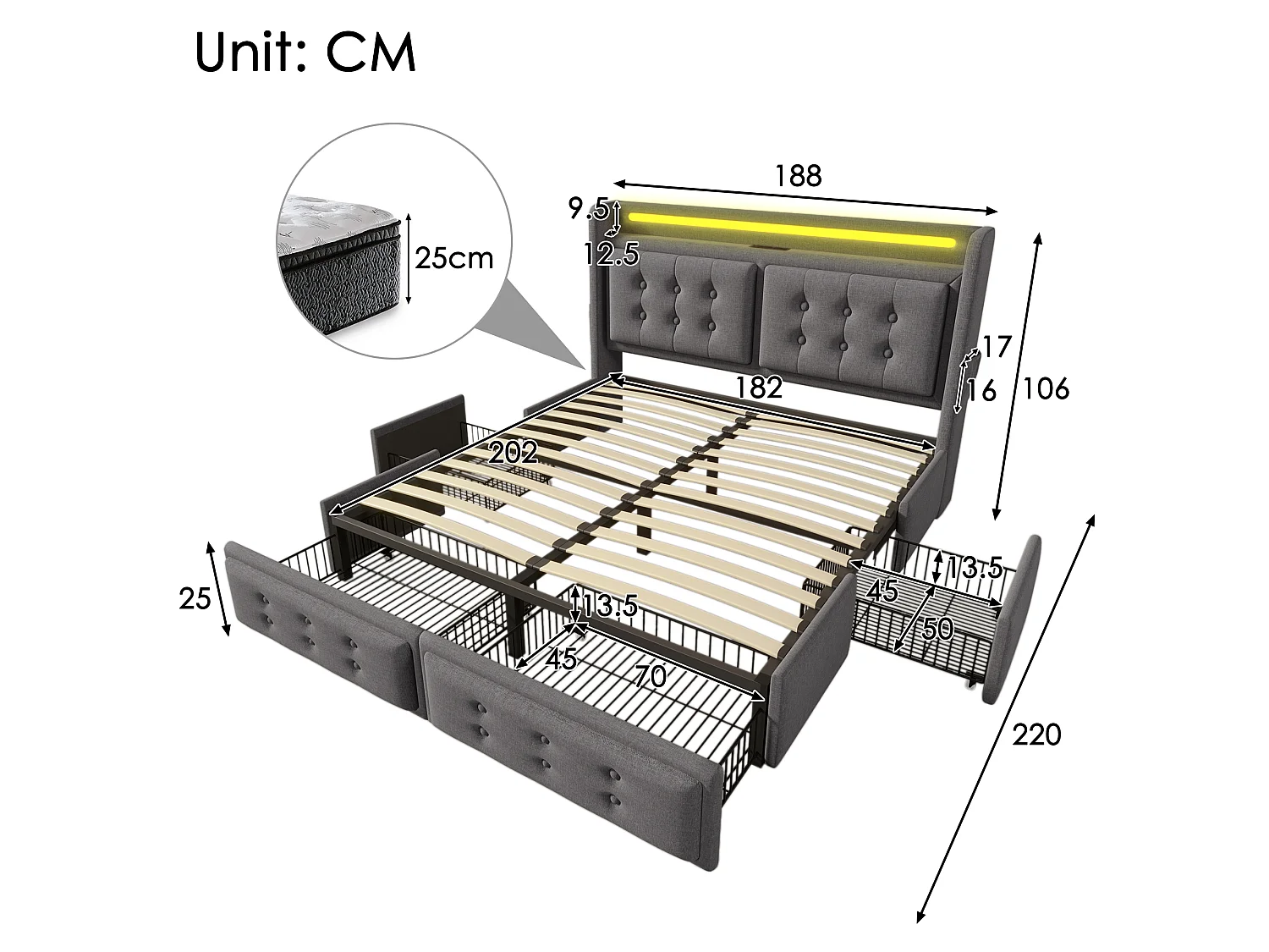 Cama de 180 x 200 cm con 4 cajones de almacenamiento, iluminación LED RGB, puertos USB y USB-C, cabecero tapizado en lino y algodón - Gris (Colchón no incluido)