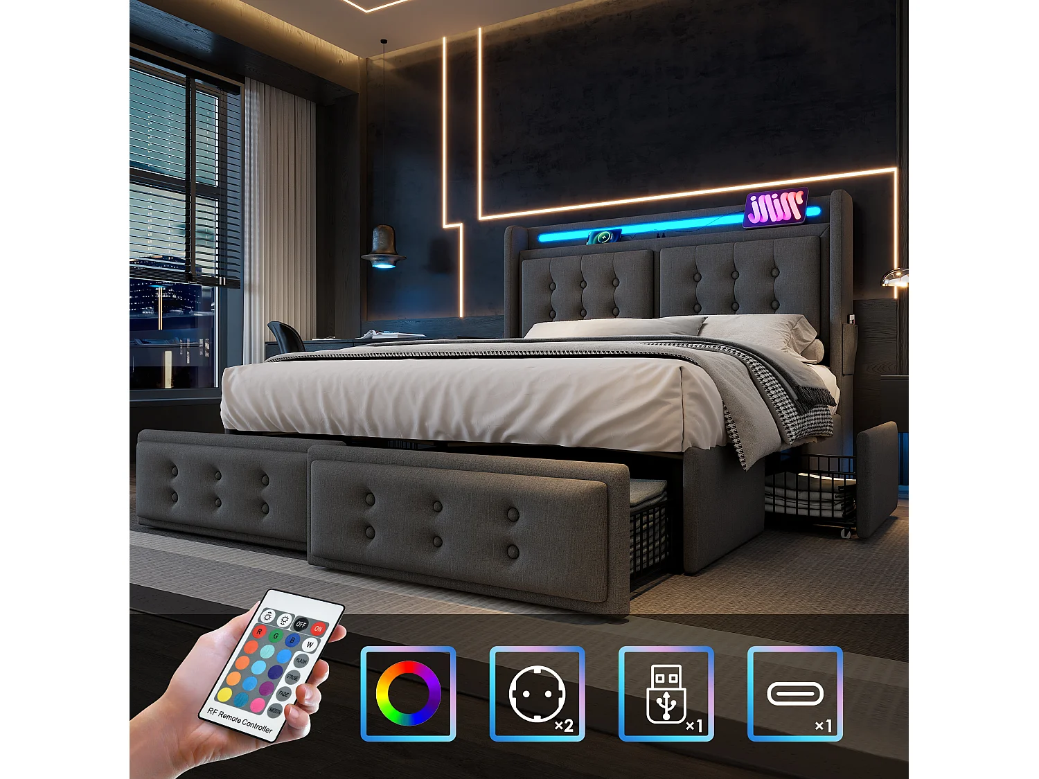 Cama de 180 x 200 cm con 4 cajones de almacenamiento, iluminación LED RGB, puertos USB y USB-C, cabecero tapizado en lino y algodón - Gris (Colchón no incluido)