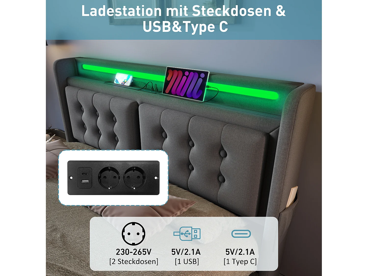 Cama de 180 x 200 cm con 4 cajones de almacenamiento, iluminación LED RGB, puertos USB y USB-C, cabecero tapizado en lino y algodón - Gris (Colchón no incluido)