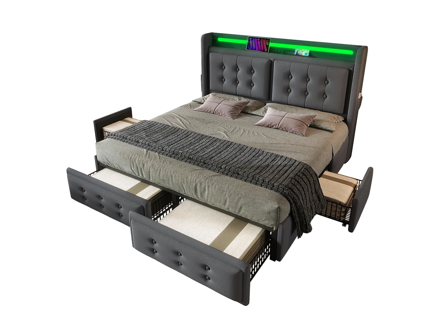 Cama de 180 x 200 cm con 4 cajones de almacenamiento, iluminación LED RGB, puertos USB y USB-C, cabecero tapizado en lino y algodón - Gris (Colchón no incluido)