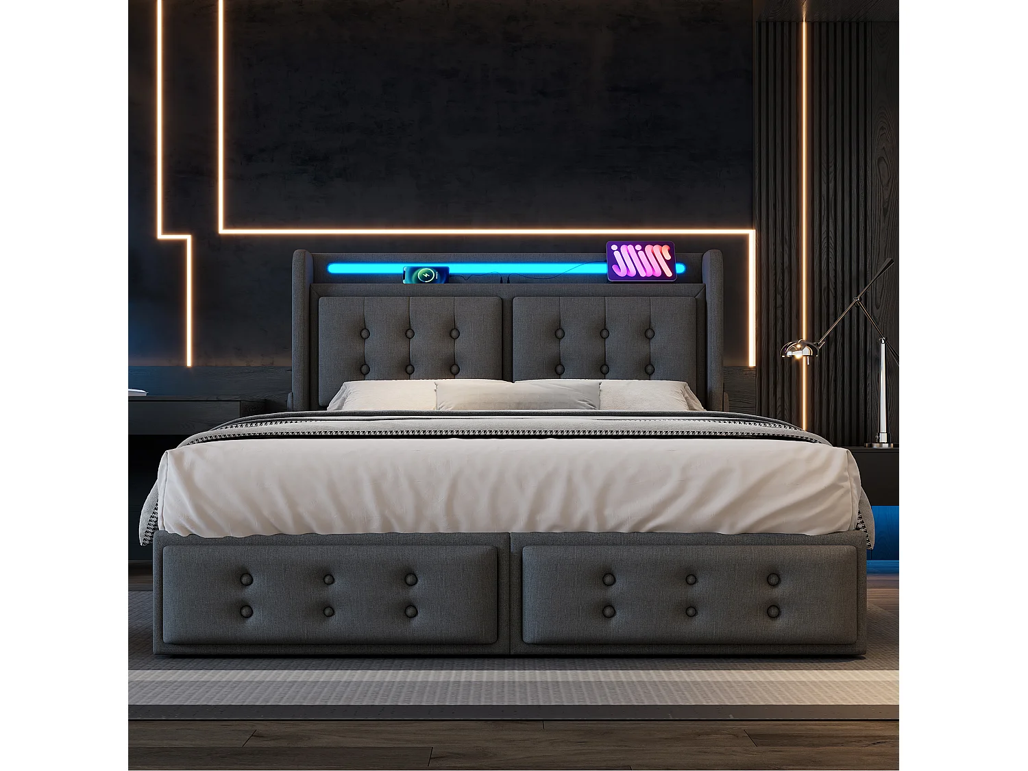 Cama de 180 x 200 cm con 4 cajones de almacenamiento, iluminación LED RGB, puertos USB y USB-C, cabecero tapizado en lino y algodón - Gris (Colchón no incluido)