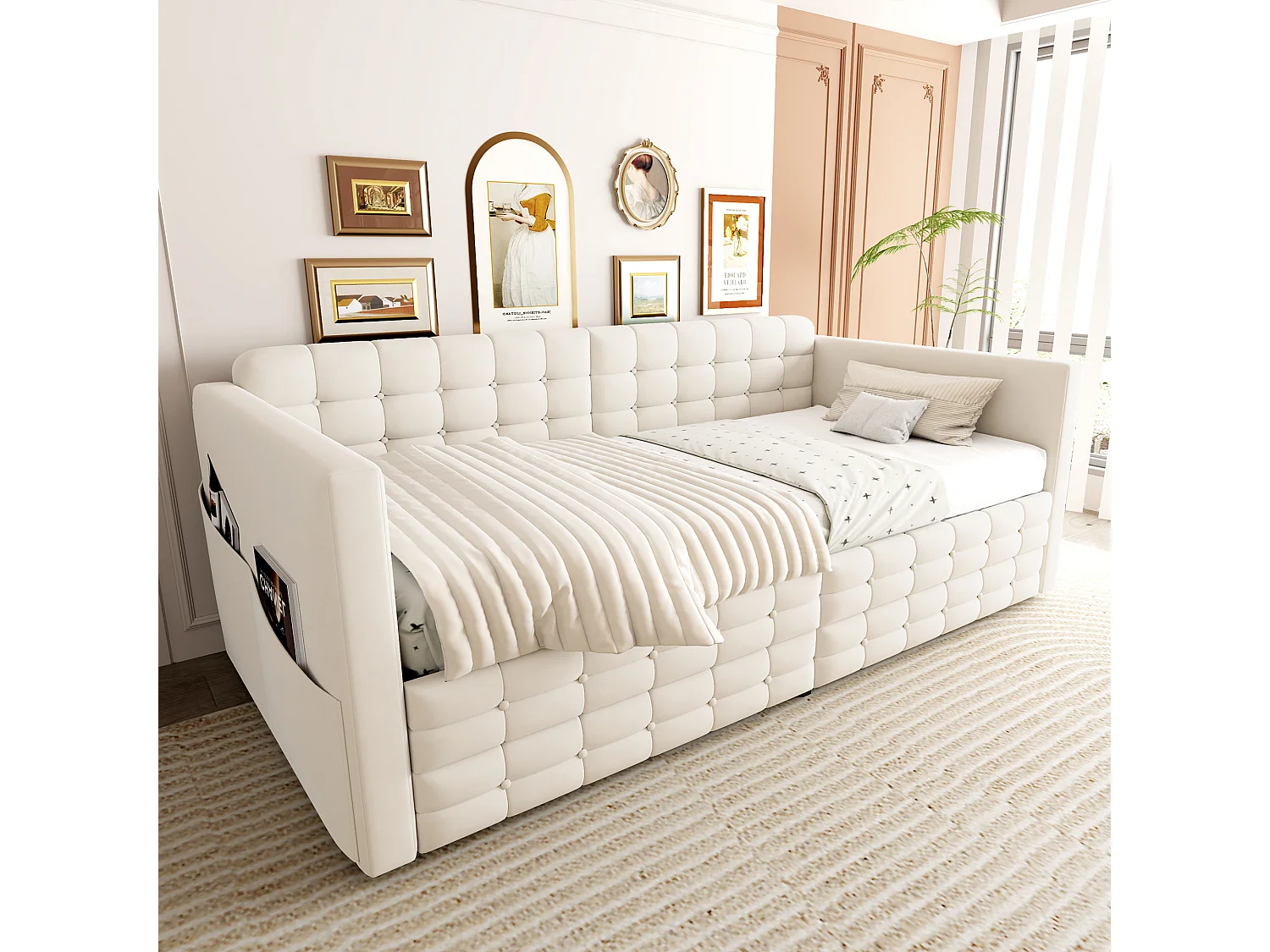 Letto imbottito 90 x 190 cm con testiera e 2 cassetti, divano letto - Velluto - Fantasia a quadri classica - Beige (Materasso non incluso)