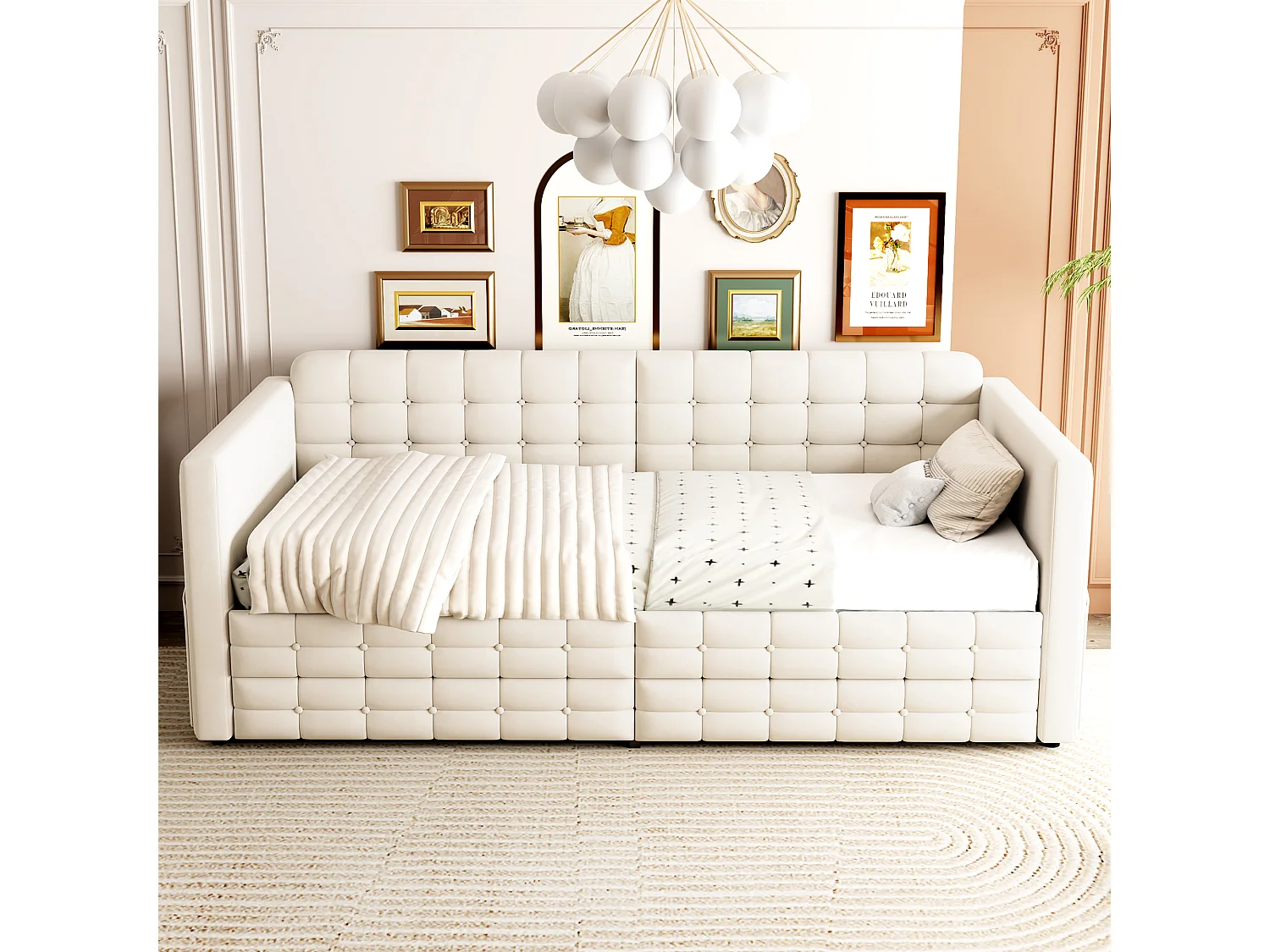 Letto imbottito 90 x 190 cm con testiera e 2 cassetti, divano letto - Velluto - Fantasia a quadri classica - Beige (Materasso non incluso)