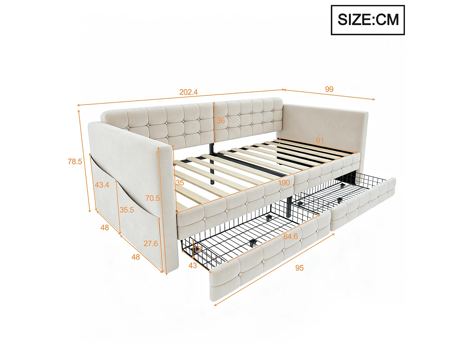 Letto imbottito 90 x 190 cm con testiera e 2 cassetti, divano letto - Velluto - Fantasia a quadri classica - Beige (Materasso non incluso)