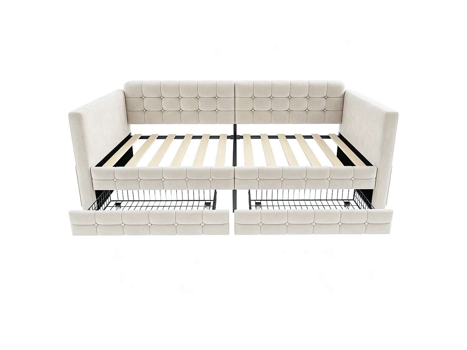 Letto imbottito 90 x 190 cm con testiera e 2 cassetti, divano letto - Velluto - Fantasia a quadri classica - Beige (Materasso non incluso)