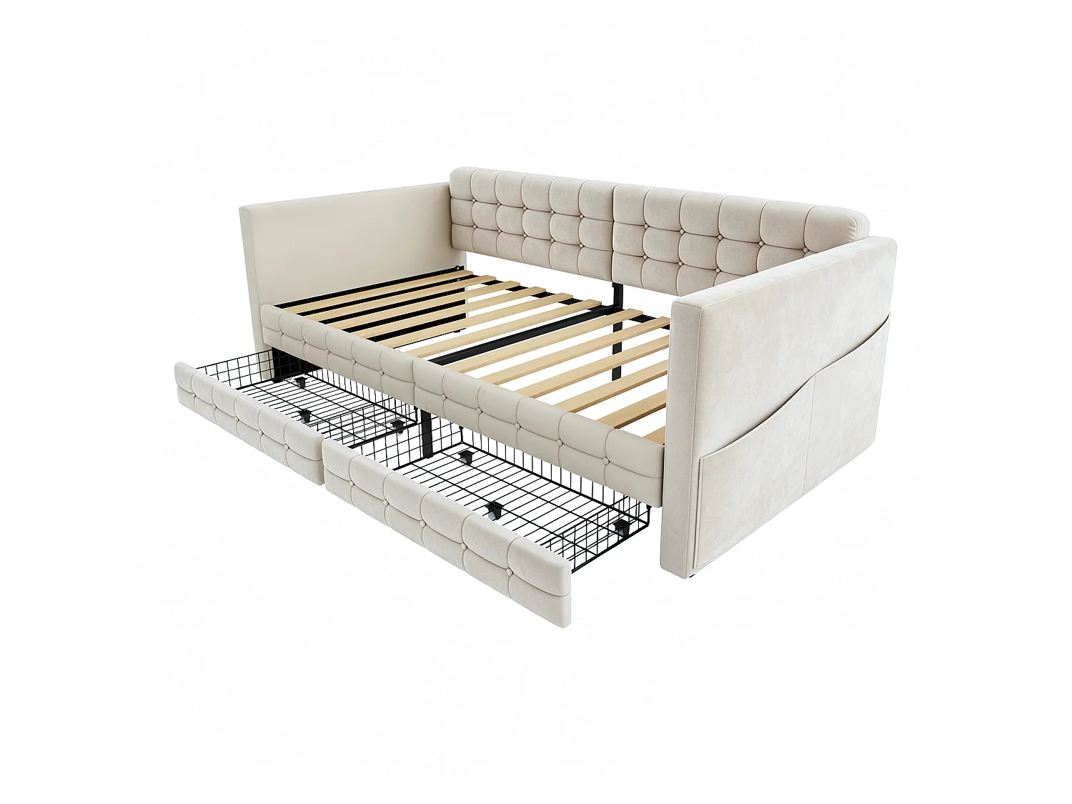 Letto imbottito 90 x 190 cm con testiera e 2 cassetti, divano letto - Velluto - Fantasia a quadri classica - Beige (Materasso non incluso)