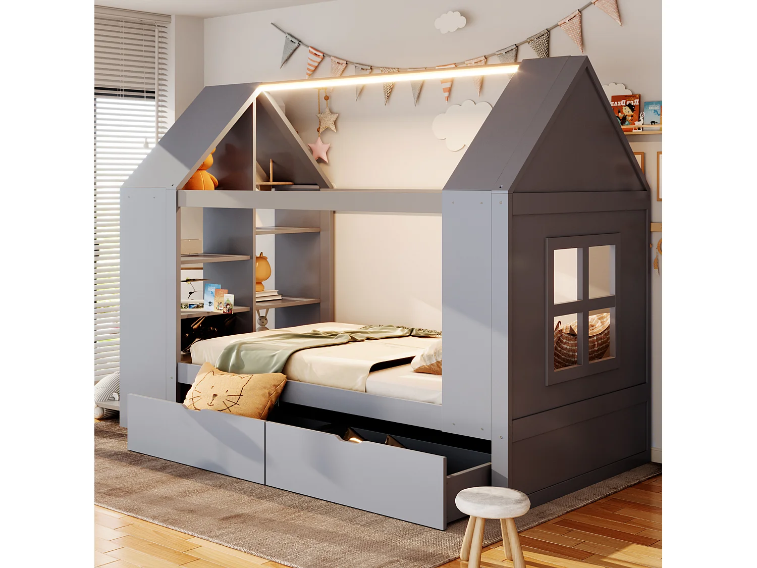 Cabin bed 90 x 200 cm with 2 drawers, side shelf, 2 drop-down doors and LED lighting - Solid wood + MDF - Grey (Mattress not included)