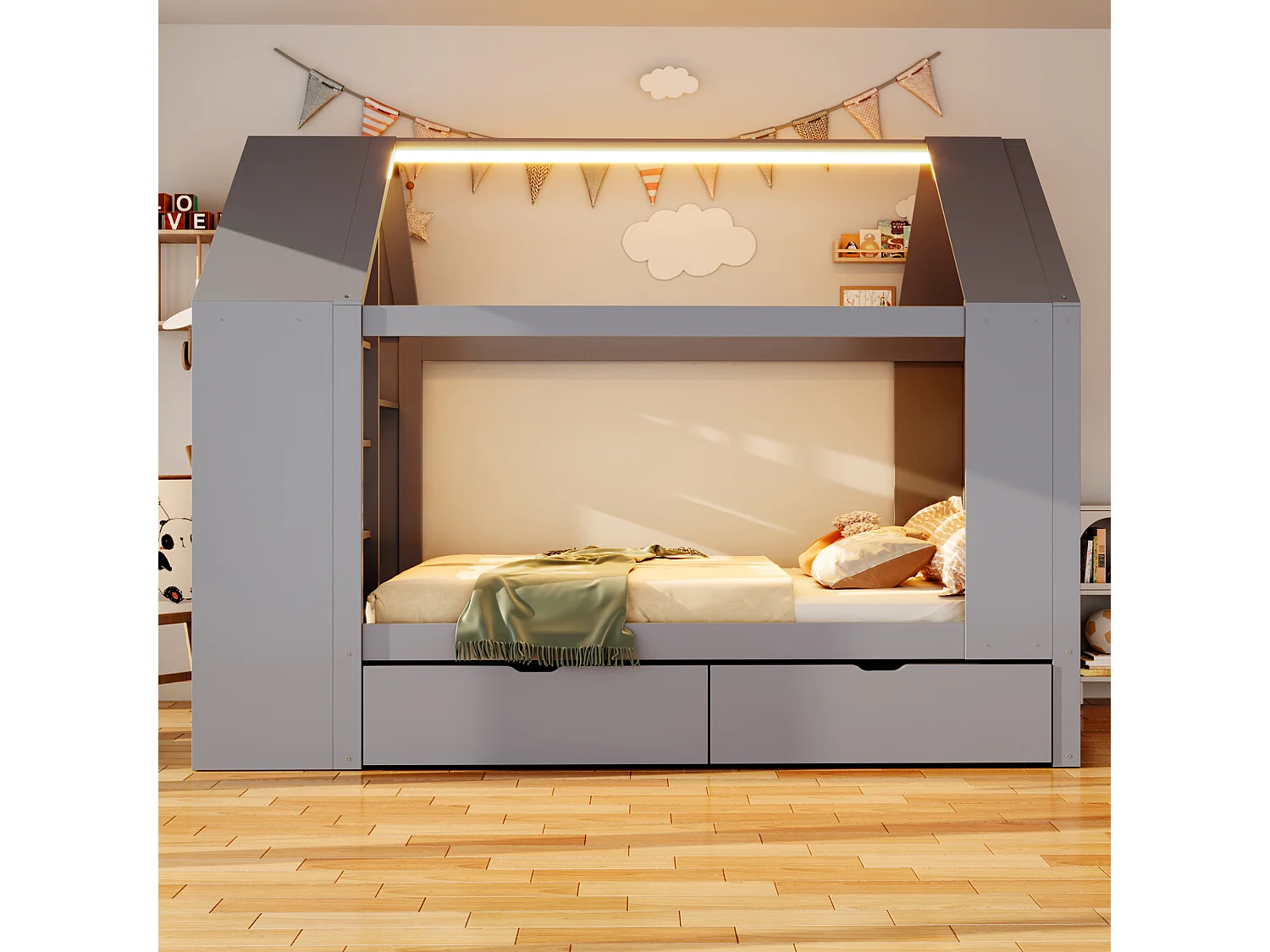 Cabin bed 90 x 200 cm with 2 drawers, side shelf, 2 drop-down doors and LED lighting - Solid wood + MDF - Grey (Mattress not included)