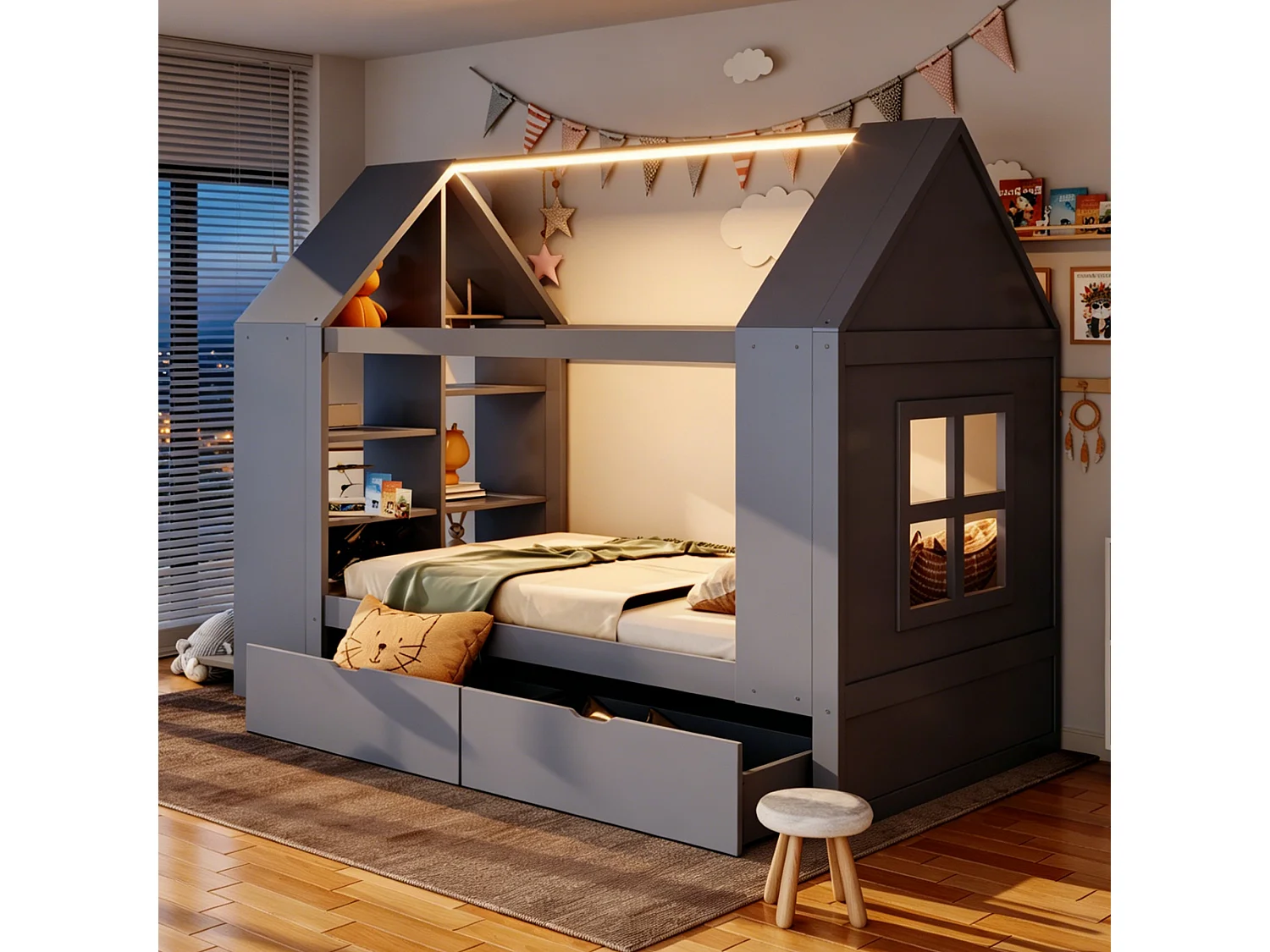 Cabin bed 90 x 200 cm with 2 drawers, side shelf, 2 drop-down doors and LED lighting - Solid wood + MDF - Grey (Mattress not included)