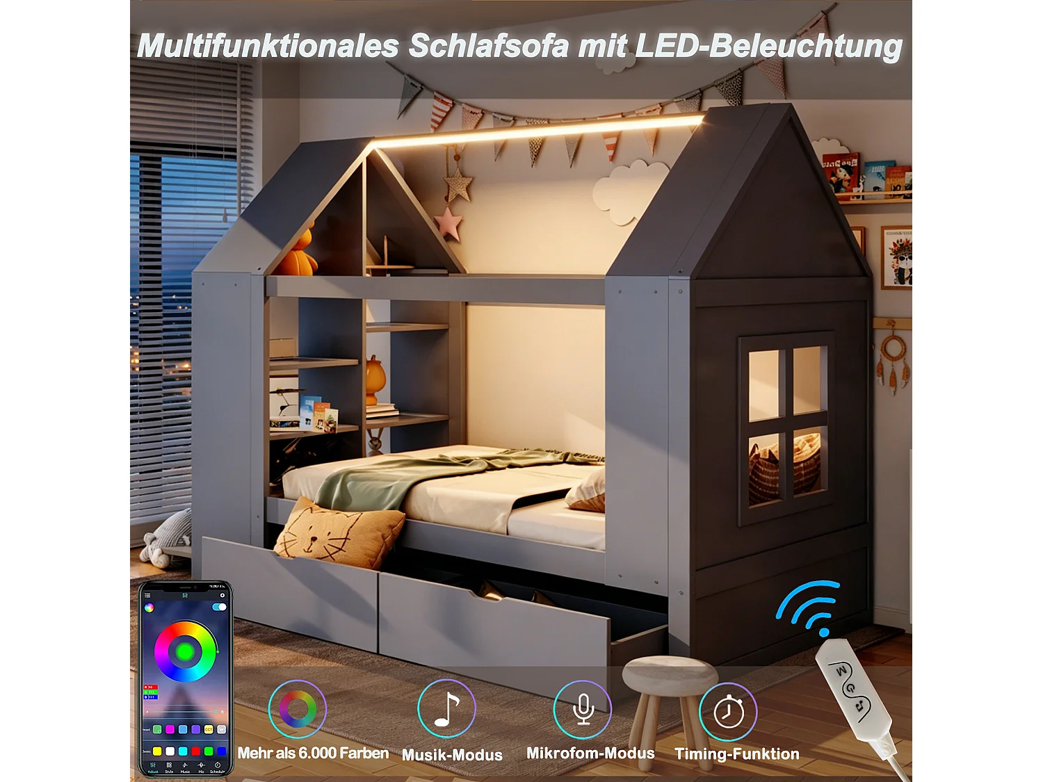 Cabin bed 90 x 200 cm with 2 drawers, side shelf, 2 drop-down doors and LED lighting - Solid wood + MDF - Grey (Mattress not included)
