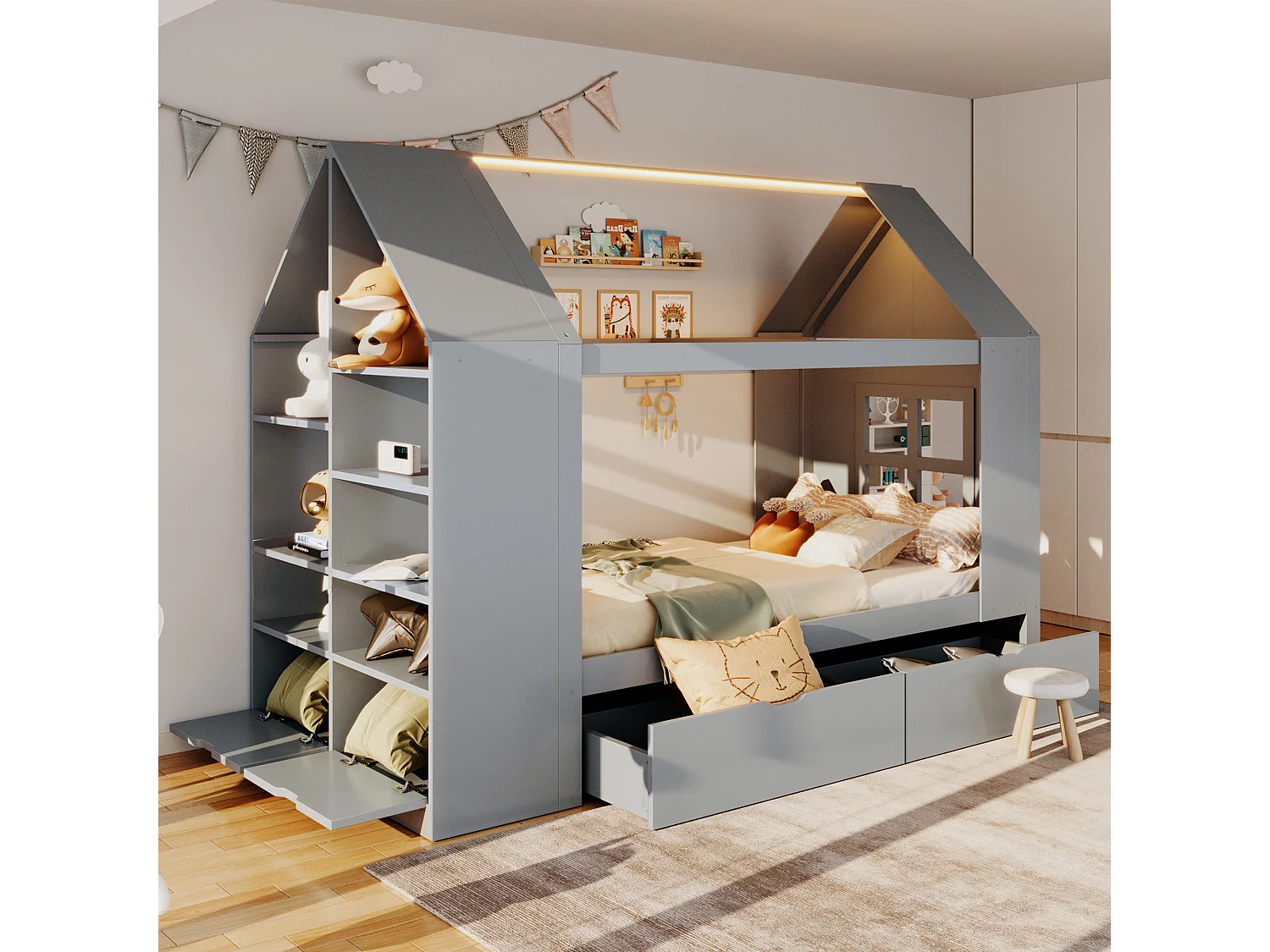 Cabin bed 90 x 200 cm with 2 drawers, side shelf, 2 drop-down doors and LED lighting - Solid wood + MDF - Grey (Mattress not included)