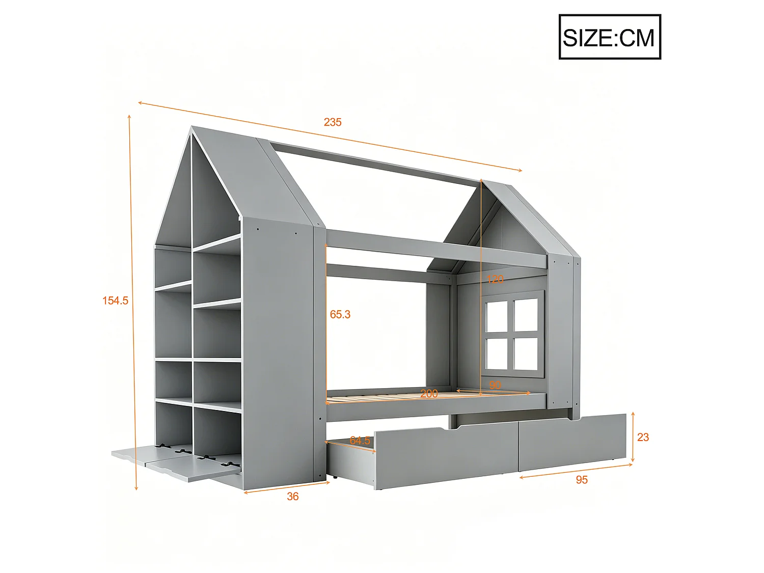 Cabin bed 90 x 200 cm with 2 drawers, side shelf, 2 drop-down doors and LED lighting - Solid wood + MDF - Grey (Mattress not included)
