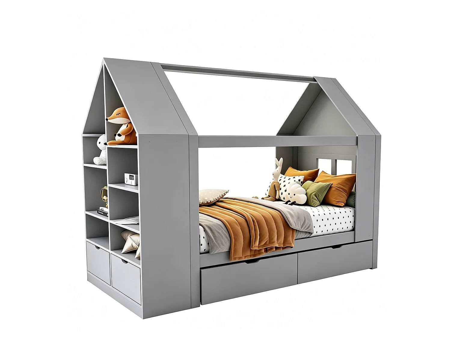 Cabin bed 90 x 200 cm with 2 drawers, side shelf, 2 drop-down doors and LED lighting - Solid wood + MDF - Grey (Mattress not included)