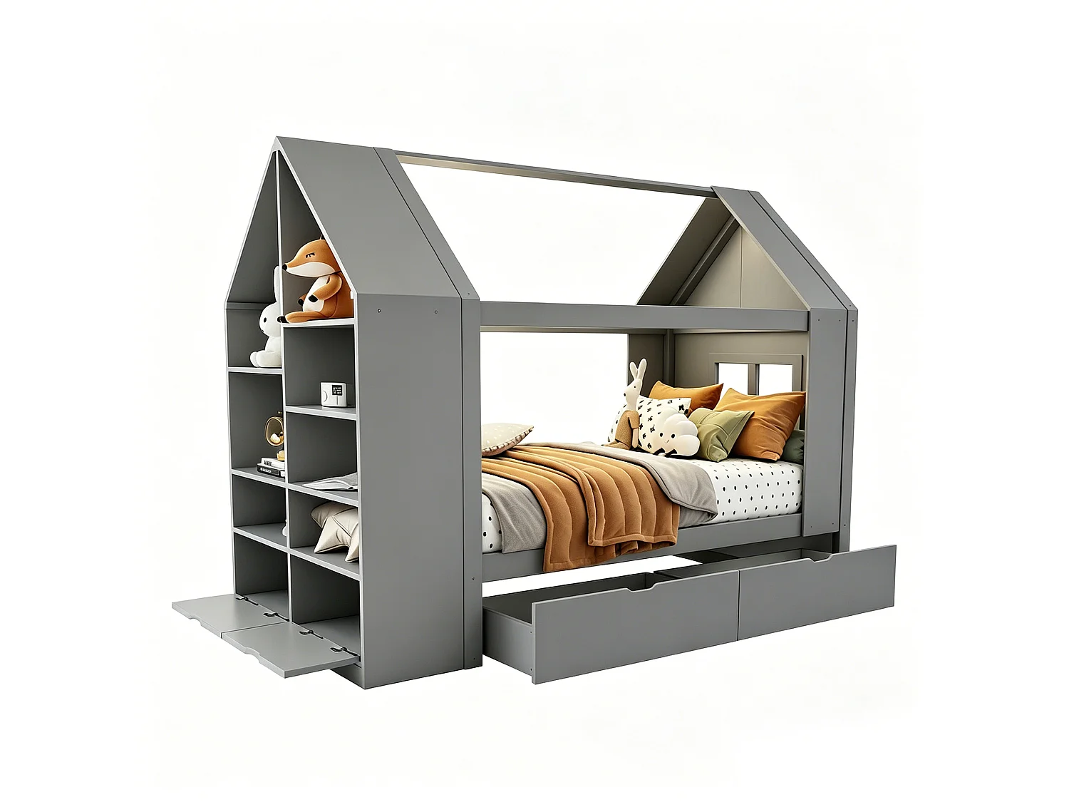 Cabin bed 90 x 200 cm with 2 drawers, side shelf, 2 drop-down doors and LED lighting - Solid wood + MDF - Grey (Mattress not included)