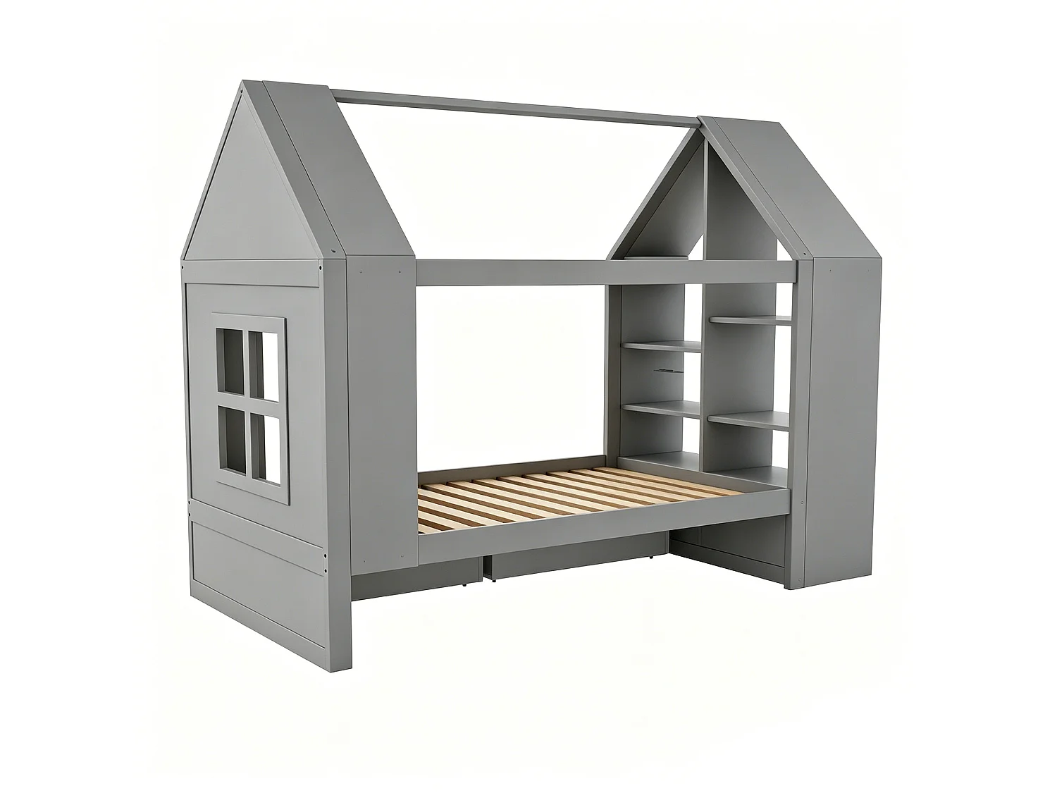 Cabin bed 90 x 200 cm with 2 drawers, side shelf, 2 drop-down doors and LED lighting - Solid wood + MDF - Grey (Mattress not included)