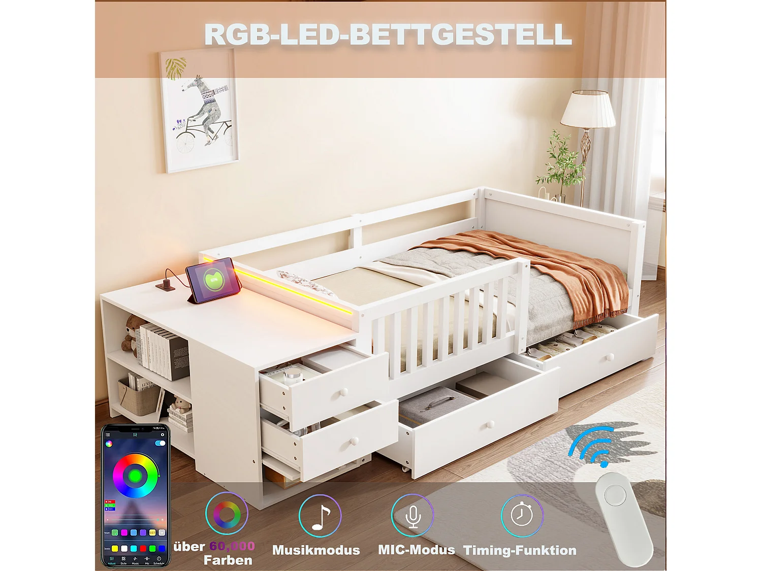 Kinderbed 90 x 200 cm met bureau, 4 lades, planken, stopcontact, ledverlichting en zijrail - Metaal + MDF - Wit (Matras niet inbegrepen)