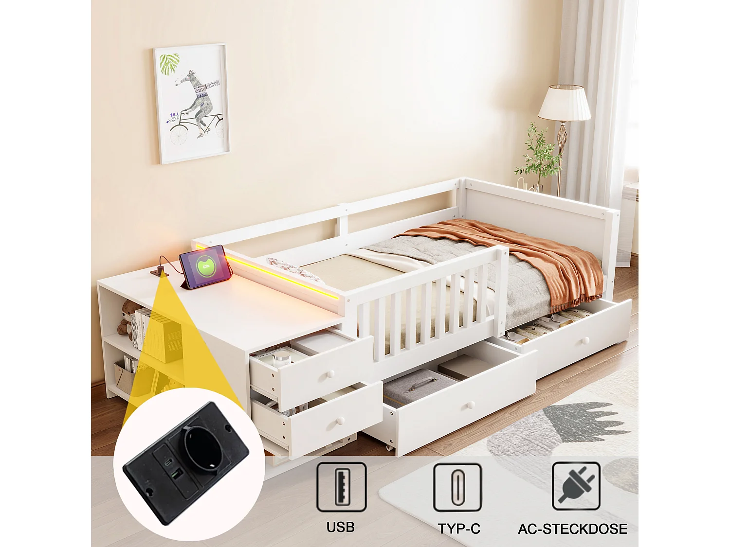 Kinderbed 90 x 200 cm met bureau, 4 lades, planken, stopcontact, ledverlichting en zijrail - Metaal + MDF - Wit (Matras niet inbegrepen)