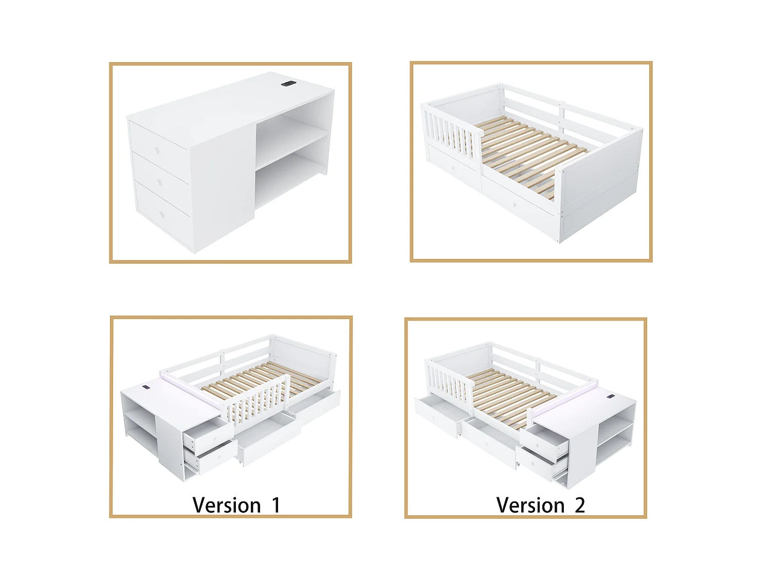 Kinderbed 90 x 200 cm met bureau, 4 lades, planken, stopcontact, ledverlichting en zijrail - Metaal + MDF - Wit (Matras niet inbegrepen)