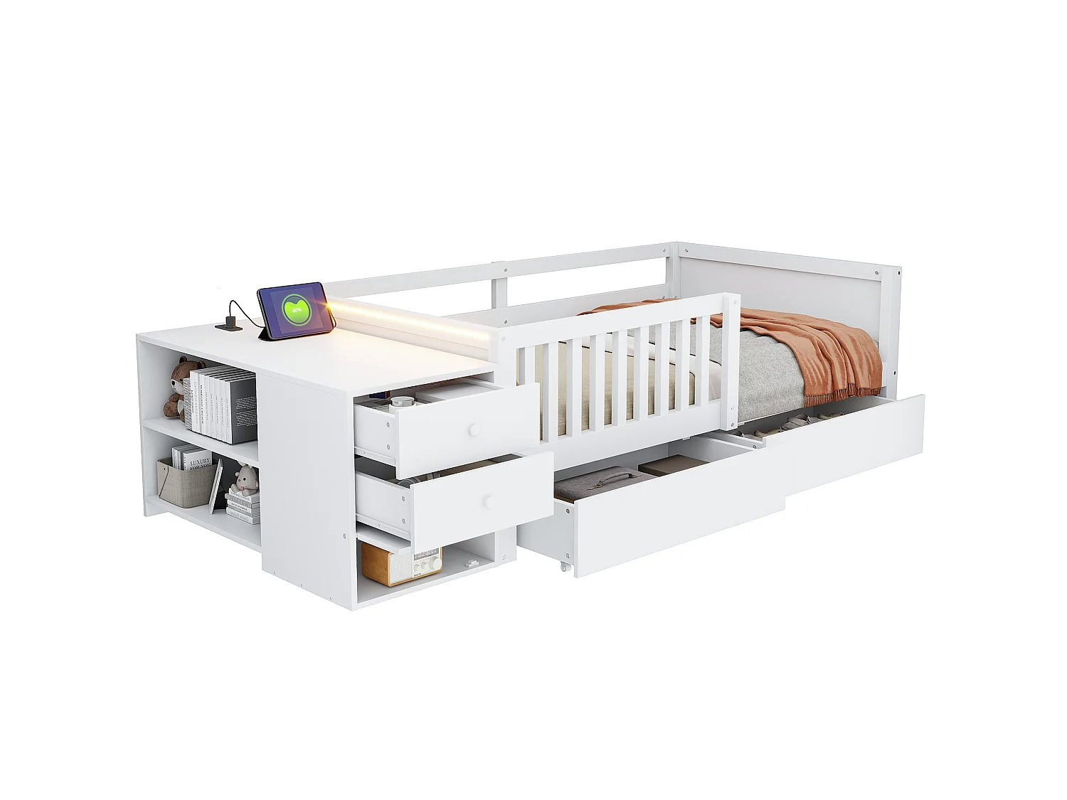 Kinderbed 90 x 200 cm met bureau, 4 lades, planken, stopcontact, ledverlichting en zijrail - Metaal + MDF - Wit (Matras niet inbegrepen)