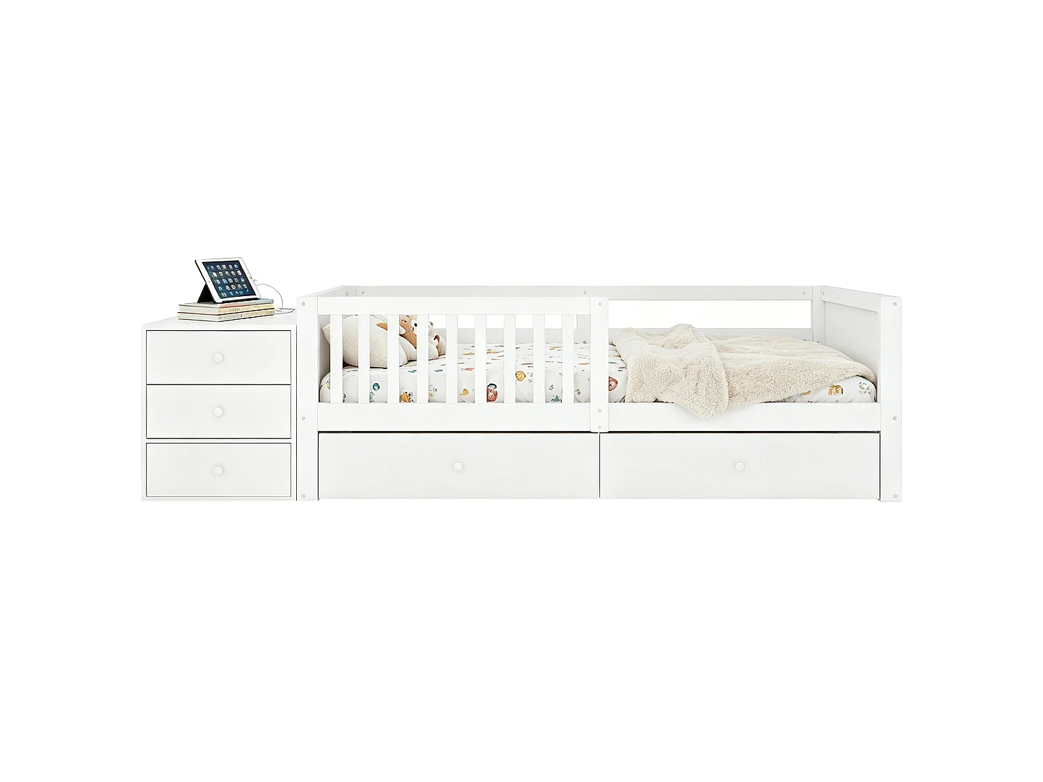 Kinderbed 90 x 200 cm met bureau, 4 lades, planken, stopcontact, ledverlichting en zijrail - Metaal + MDF - Wit (Matras niet inbegrepen)