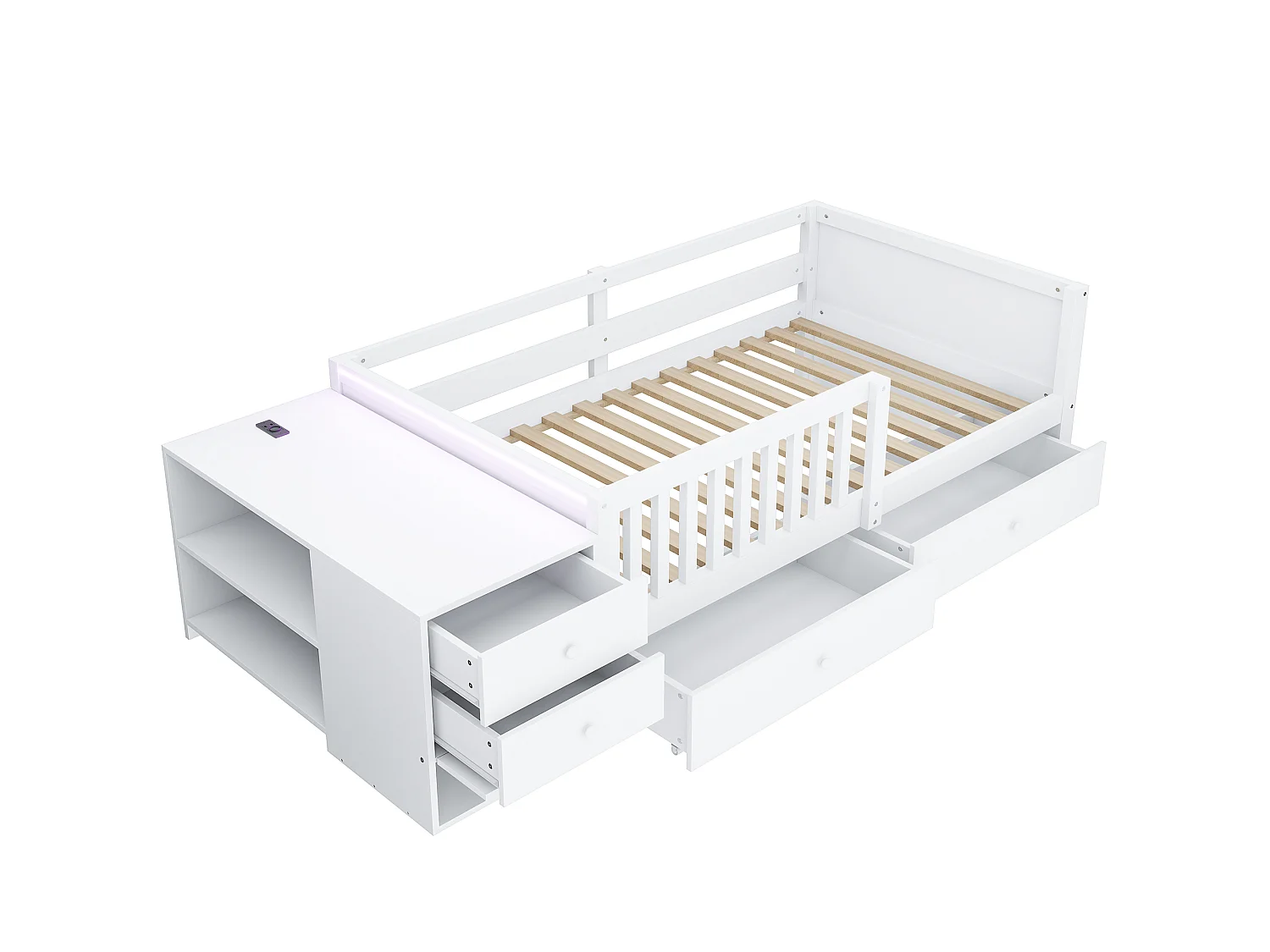 Kinderbed 90 x 200 cm met bureau, 4 lades, planken, stopcontact, ledverlichting en zijrail - Metaal + MDF - Wit (Matras niet inbegrepen)