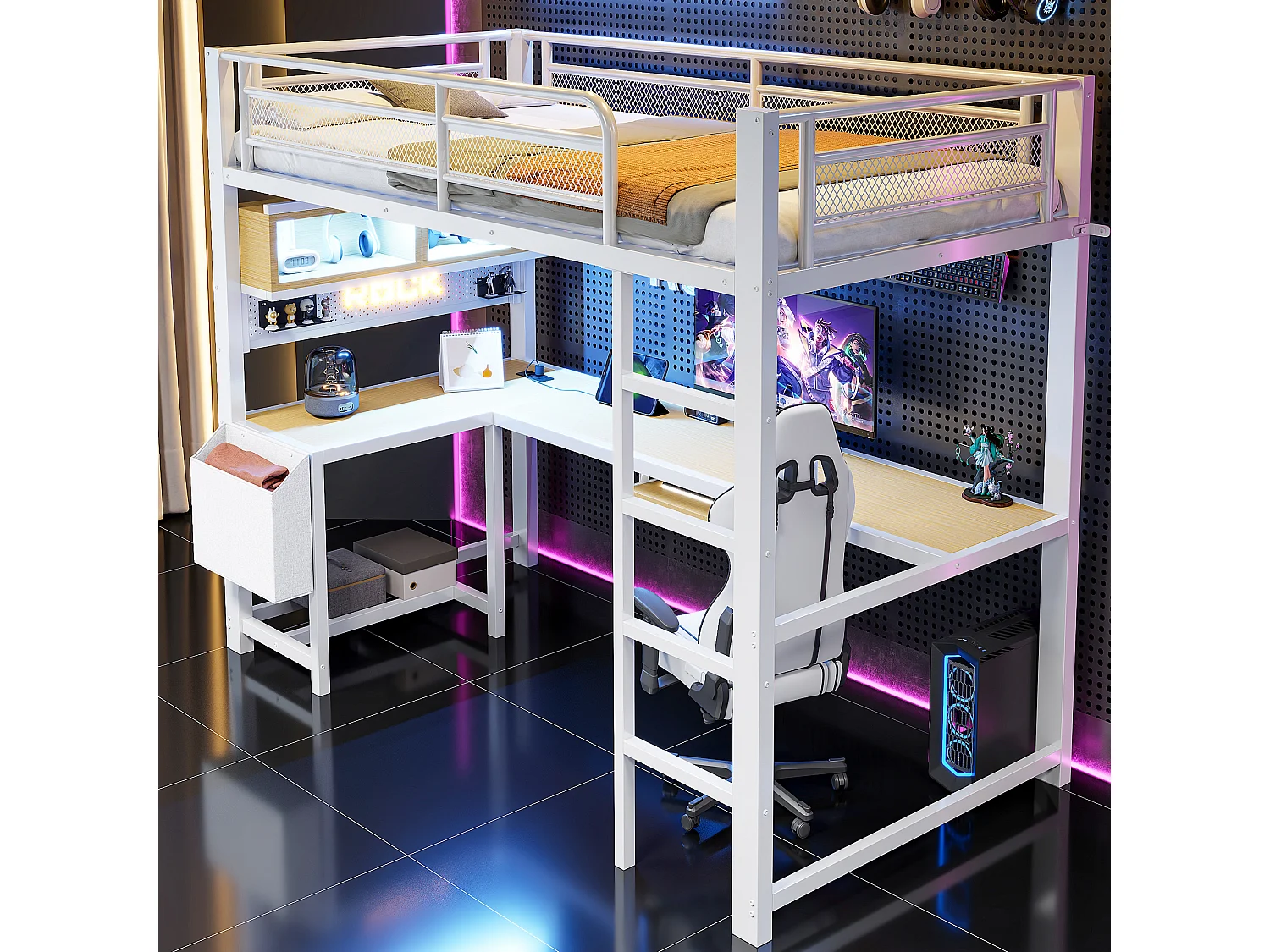 Lit mezzanine 90 x 200 cm avec bureau d'angle, rangements, LED, prises et ports USB - MDF et métal - Blanc (sans matelas)